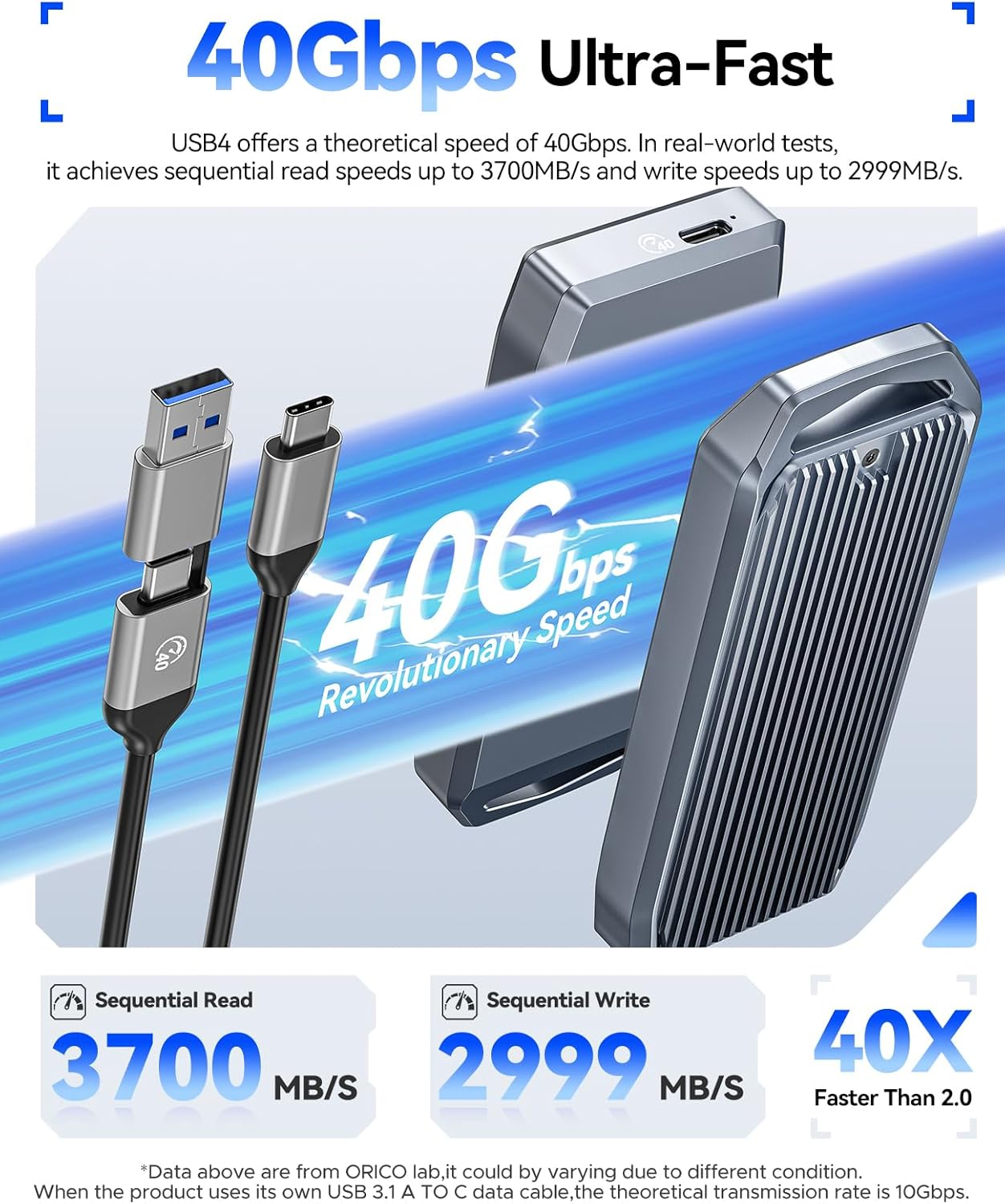 ORICO USB4 40Gbps M.2 SSD Enclosure, Supports up to 8TB M.2 Nvme Ssds, Finned Aluminum Alloy Case, USB-C to USB-A&C 2-In-1 Cable, Plug and Play, Compatible with Thunderbolt 3/4, USB 3.2/3.1/3.0- M2V01 image number 6