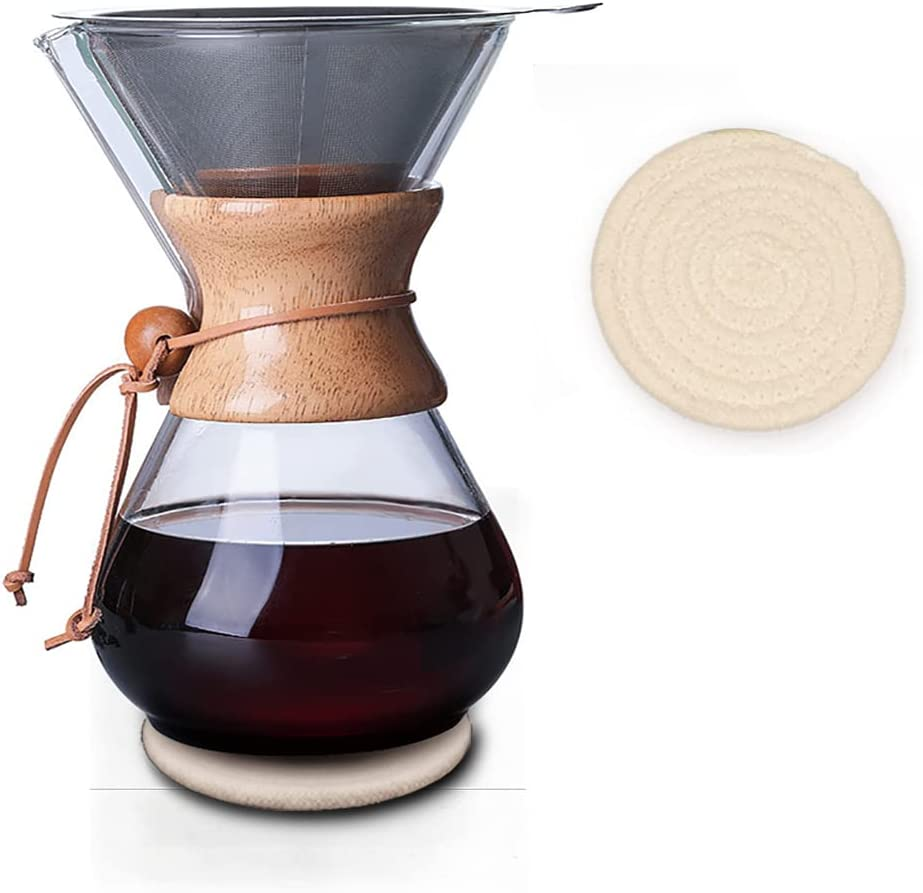 Wood Neck Pour over Coffee Maker with Reusable Stainless Steel Filter and Coaster Pad, 400 Ml Borosilicate Glass Coffee Carafe, Wooden Collar, Coffee Dripper Brewer, Hold 2 Cups image number 3