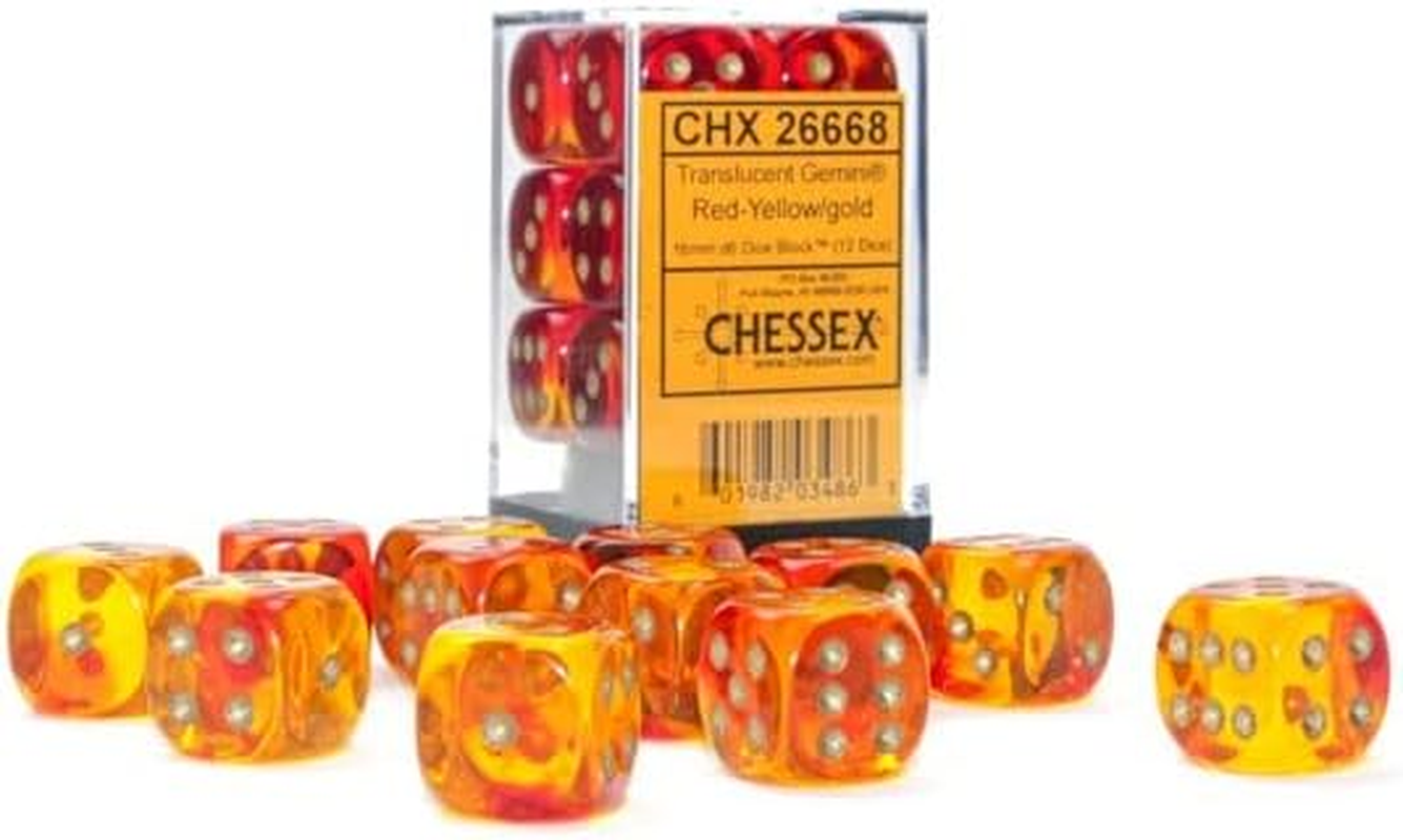 Chessex Gemini Translucent Dice Set 12 16Mm Dice Red and Yellow with Gold
