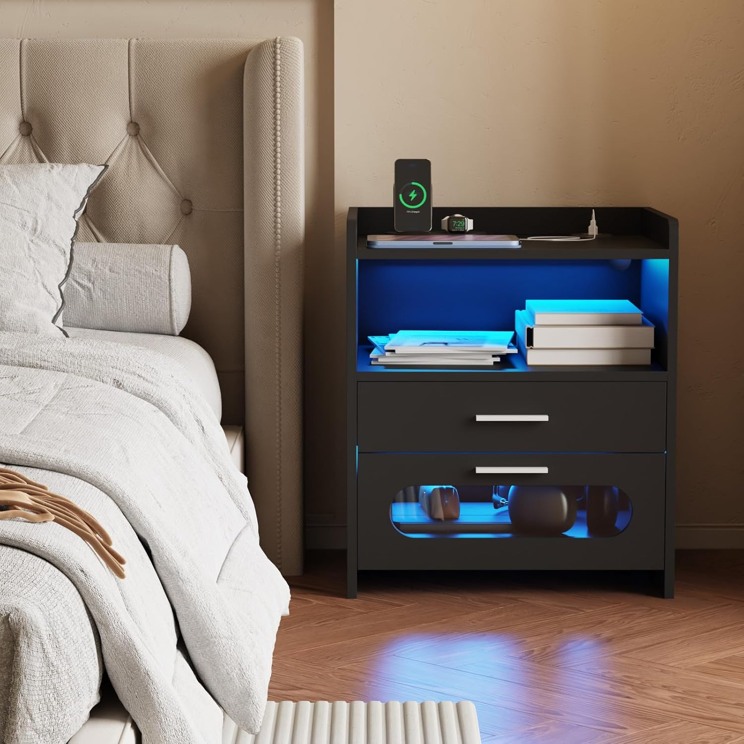 Advwin Bedside Table with 2 Drawers(1 Glass Visible), Large Nightstand with LED Light, Wireless Charging Station and USB Port for Bedroom Living Room, Black image number 1