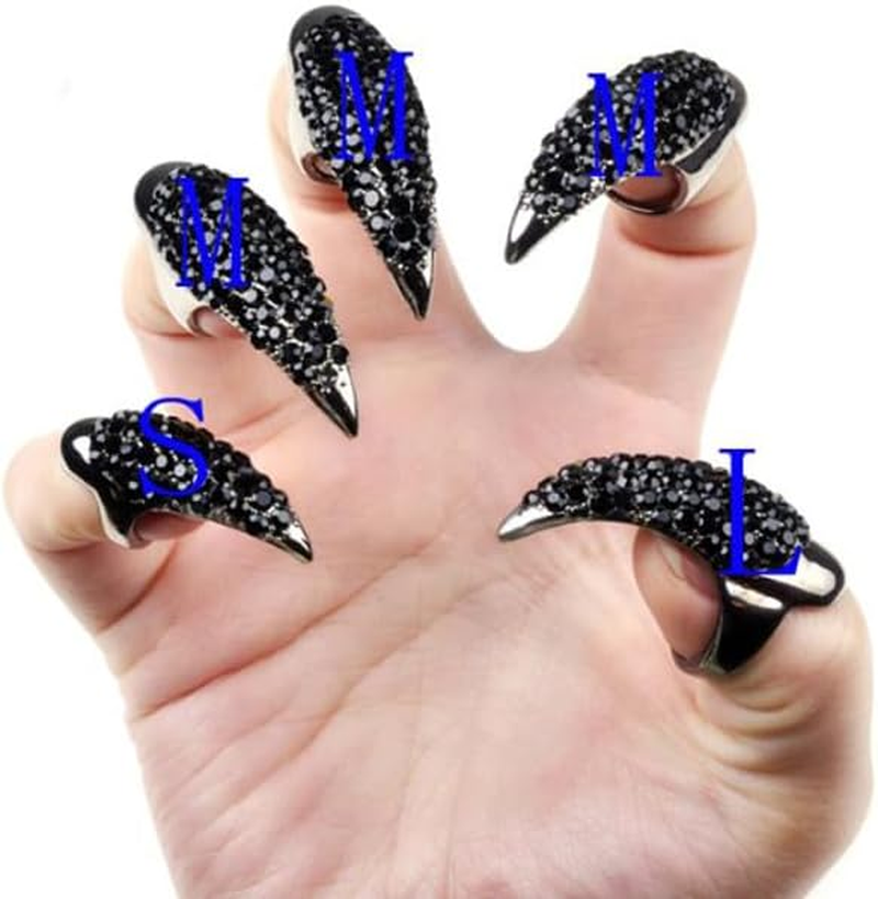 Veemoon Pack of 10 Gothic Nail Rings 3 Finger Rings False Nail Punk Style Claw Ring Cosplay Artificial Nails Crystal Rhinestone Claws for Daily Decoration and Cosplay Party Black 2S/6M/2L image number 4