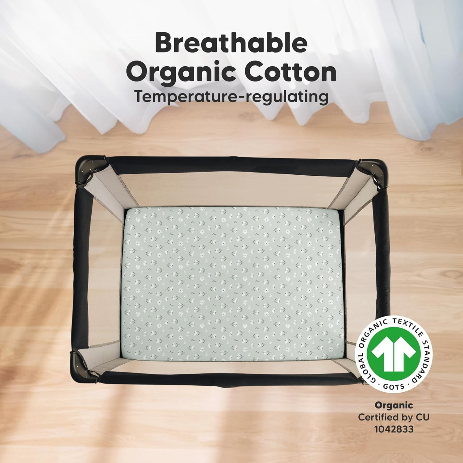 2-Pack Organic Mini Cot Sheets Fitted - Organic Cotton Pack N Play Sheets for Graco Pack and Play Mattress, Playard Baby Cot Sheets, Jersey Fitted Crib Sheets Neutral for Boys, Girls (Daisies) image number 6