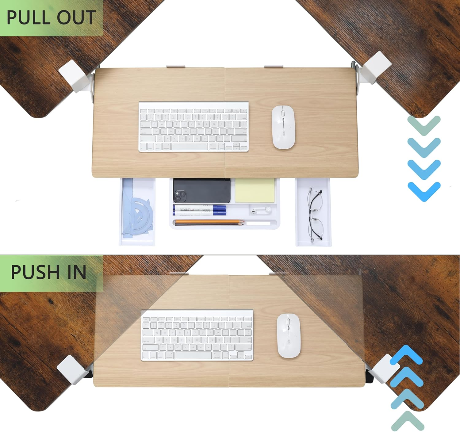 ETHU Keyboard Tray under Desk, Ergonomic Corner Keyboard Tray with 180&deg; Adjustable C Clamp for L Shape Desk 26.77" X 12.2" Easy to Install, Computer Keyboard Stand for Home and Office(Oak) - White image number 2