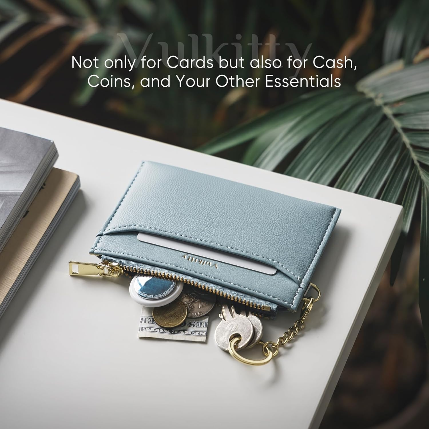 Vulkitty Slim Card Holder for Womem with Keychain and ID Window, Minimalist Wallet RFID Protected for Cards, Bills, Keys and Coins, Blue - Blue image number 2