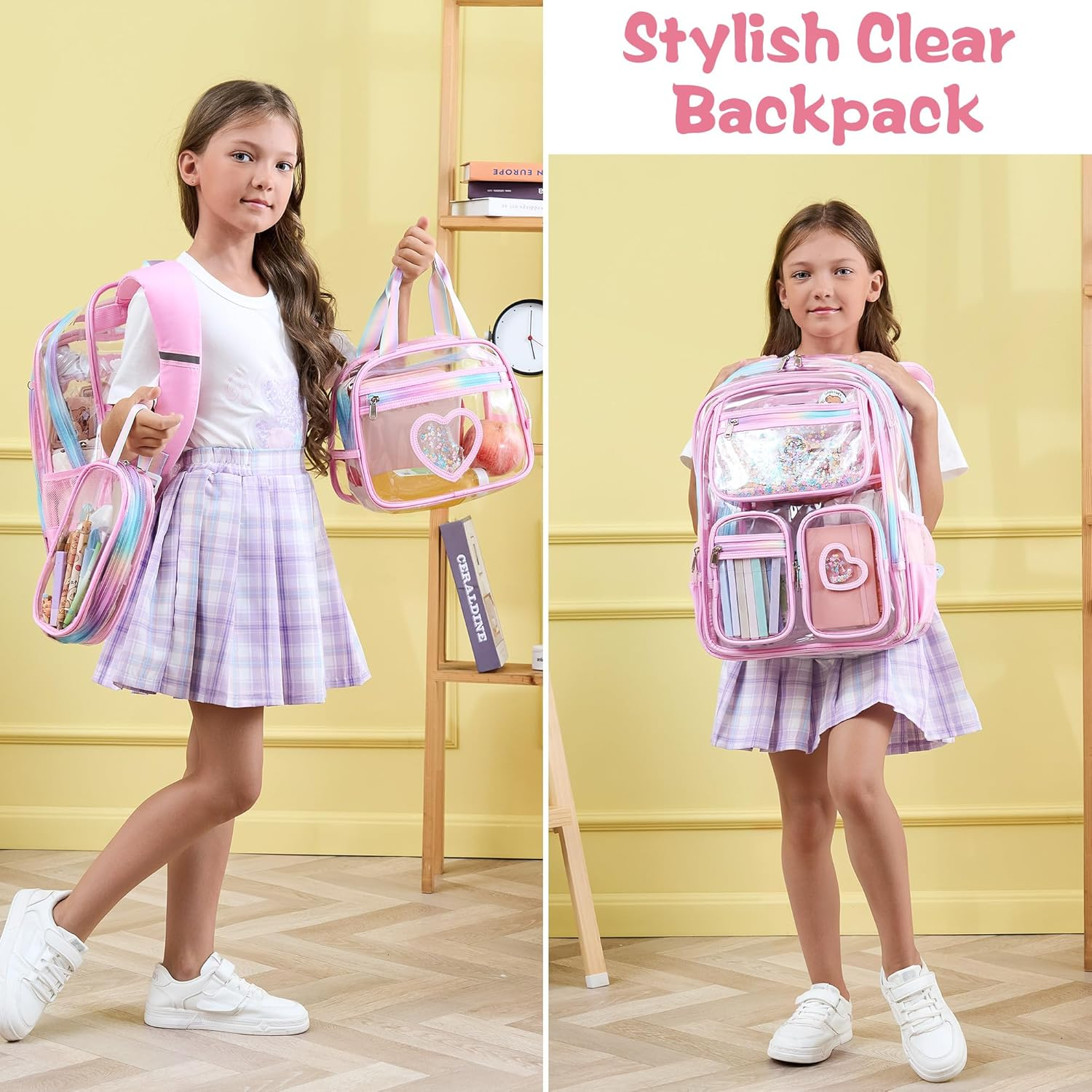 Fimibuke Clear Backpack for Girls, 3PCS Heavy Duty PVC Transparent Kids Backpack for Teen Girl with Lunch Box & Pencil Case - Beige image number 6