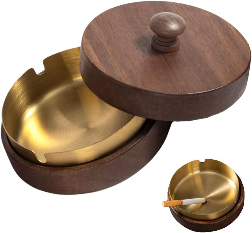 Paifeancodillwooden Ashtray with Lid and Stainless Steel Liner, Portable Ash Tray for Indoor Outdoor Use, Home Office Balcony Parties, Elegant Design (Silvery)