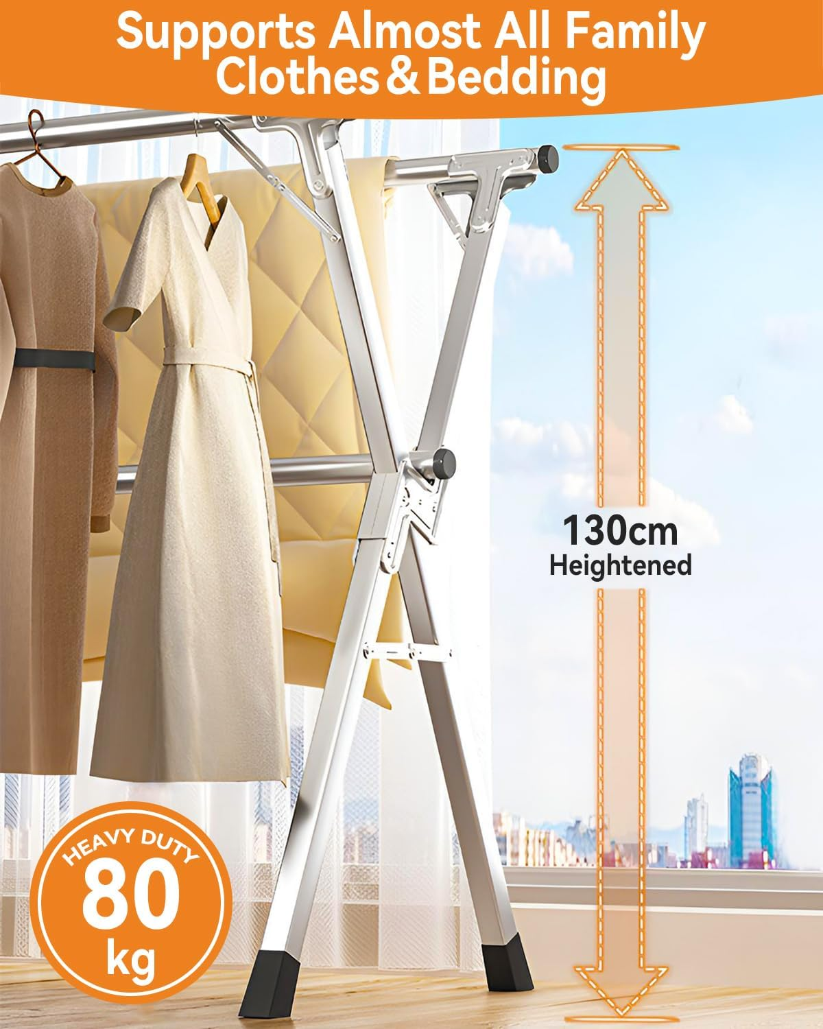 Taefuhnn 2.4 Meters Clothes Drying Rack, 95 Inch Heavy Duty Collapsible Stainless Steel Clothes Airer, Foldable Portable Laundry Drying Rack with 30 Windproof Hooks for Indoor Outdoor image number 3