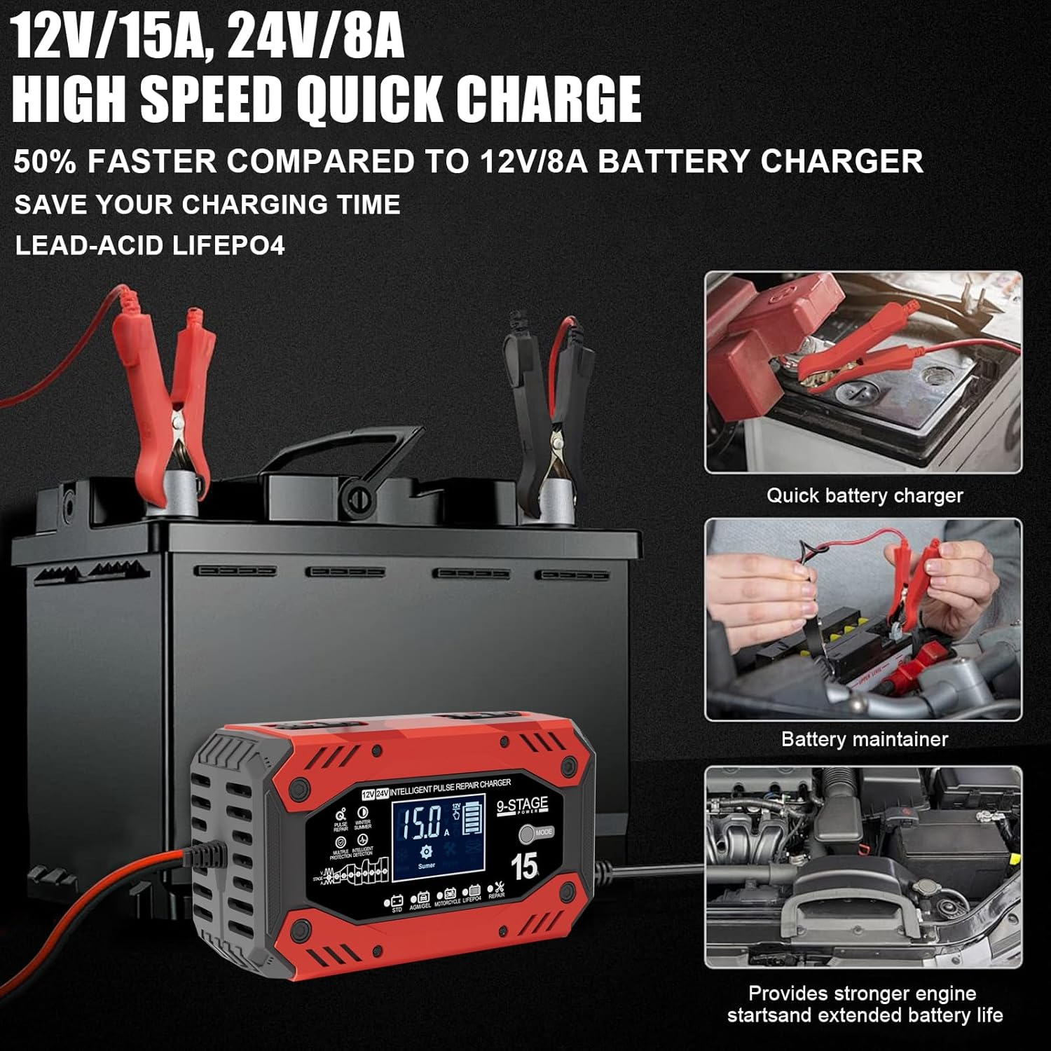 B-Qtech Car Battery Charger 15-Amp 12V/24V, Smart Trickle Charger for Car, Battery Maintainer Trickle Charger, Automotive Battery Charger with Temperature Compensation for Truck Motorcycle Lawn Mower image number 4