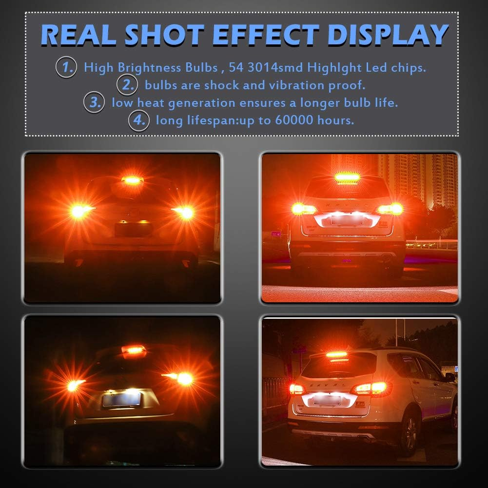 KATUR 3157 3047 3057 3155 3156 Led Light Bulb High Power 3014 54 Chipsets Super Bright 650 Lumens Replace for Turn Signal Back up Reverse Brake Tail Stop Parking RV Lights,Amber(Pack of 2) image number 3