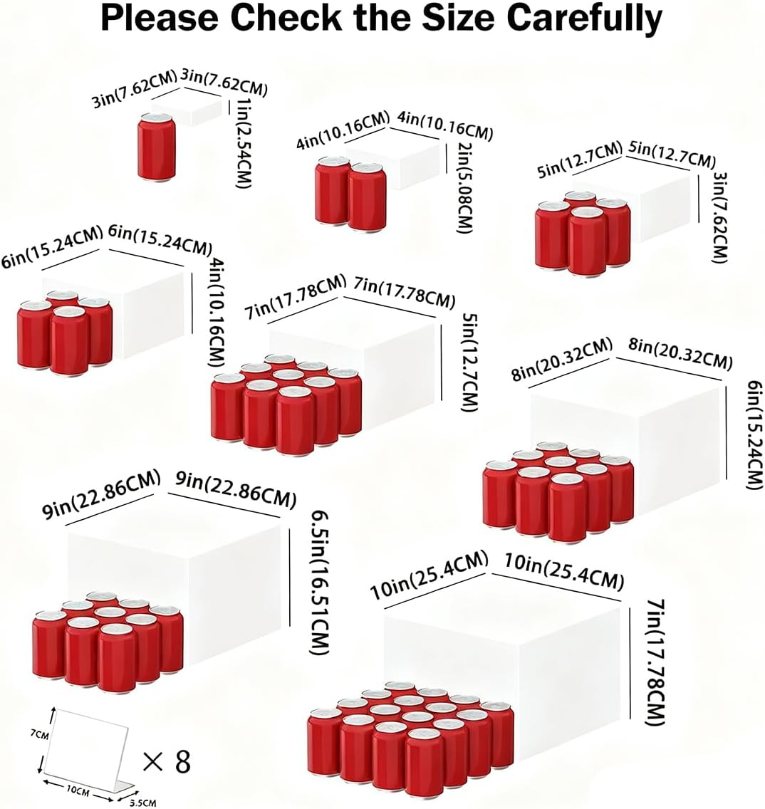 Blissify 8 Pack Buffet Risers, Acrylic Boxes for Display, Square Cube Food Display Stand with Mini Signs for Party, Cupcake, Candy, Brunch, Jewelry, Decor, White image number 3