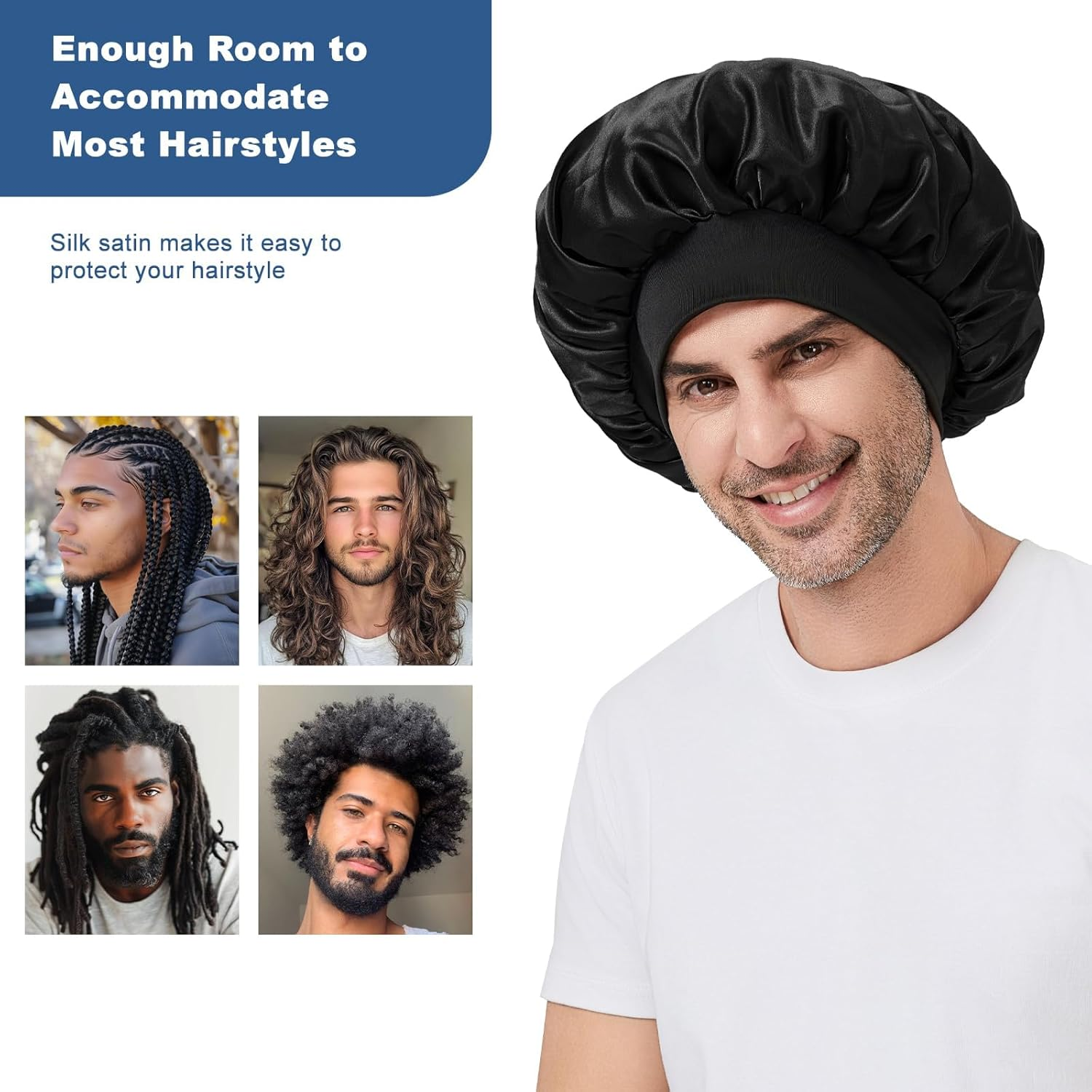 Bonnet for Men, Double Layer Hair Bonnet for Sleeping Adjustable Silk Satin Sleep Bonnet with Elastic Band image number 3