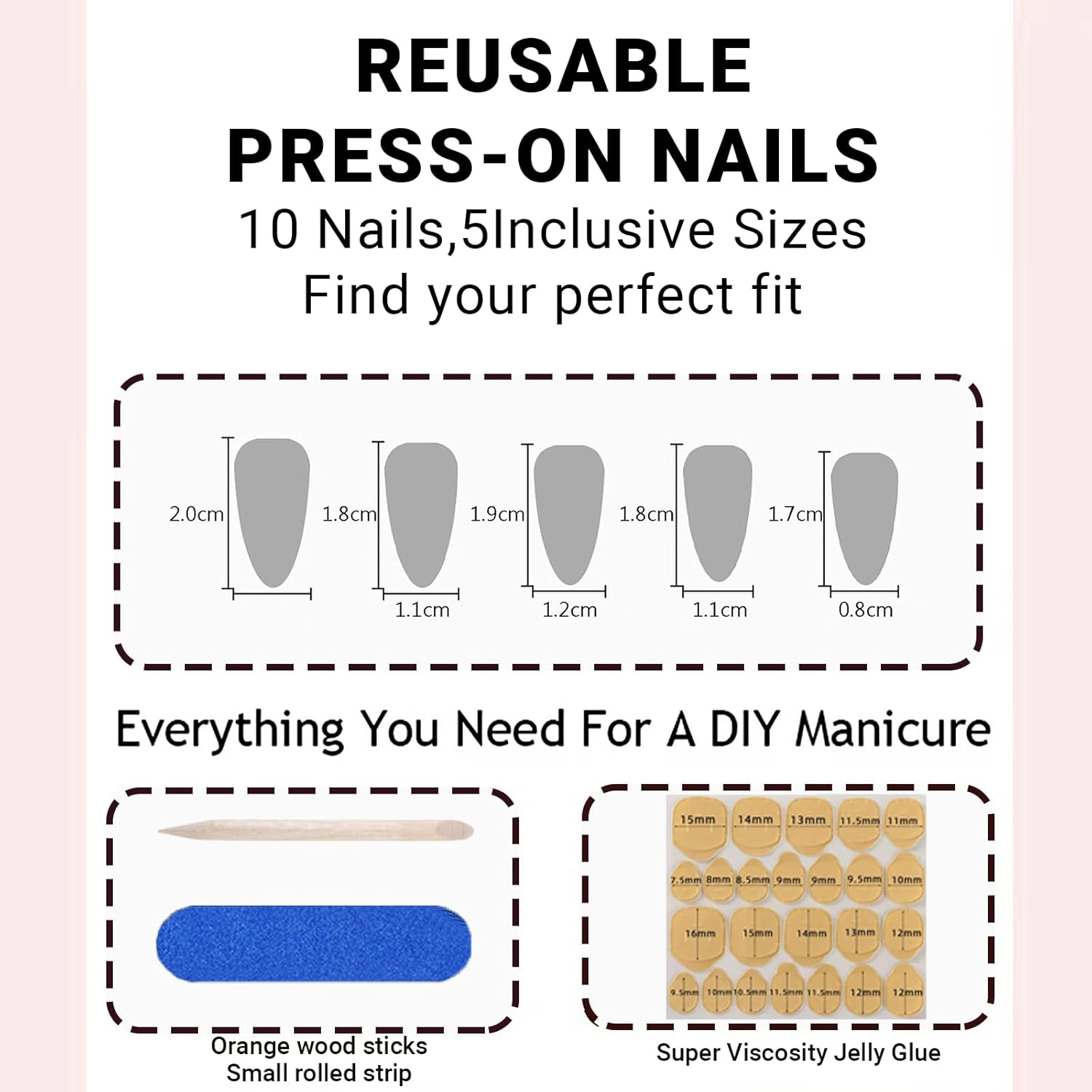 JOWILIN Press on Nails Set, 10 Pcs French Tip Exquisite Handmade Fake Nails with Ultra-Adhesive Jelly Glue and Nails Kit, Long-Lasting over Two Week, Reusable False Nails for Women, Girls (Pink) - Ink image number 4