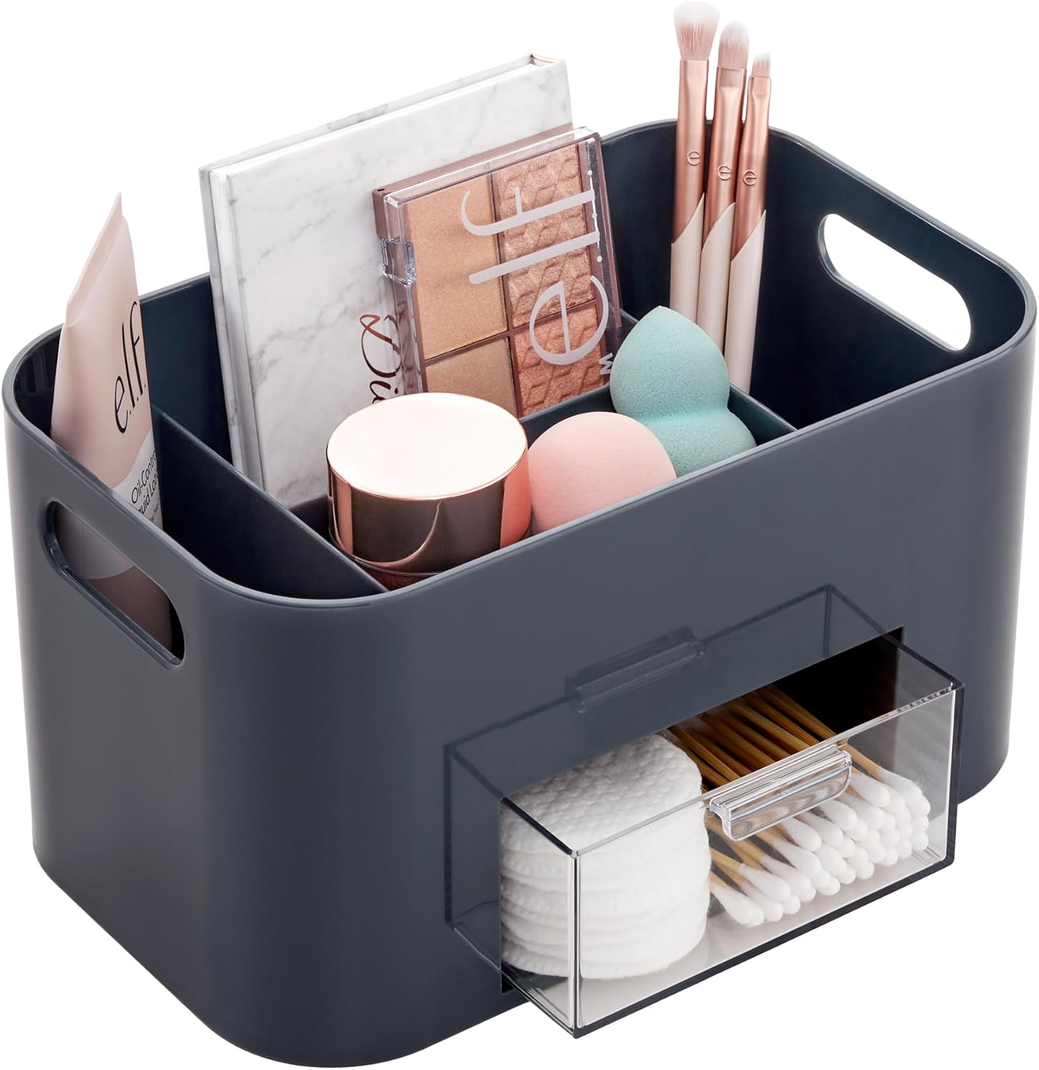Stori Bliss Plastic 4-Compartment Organizer with Removable Clear Drawer | Classic Grey