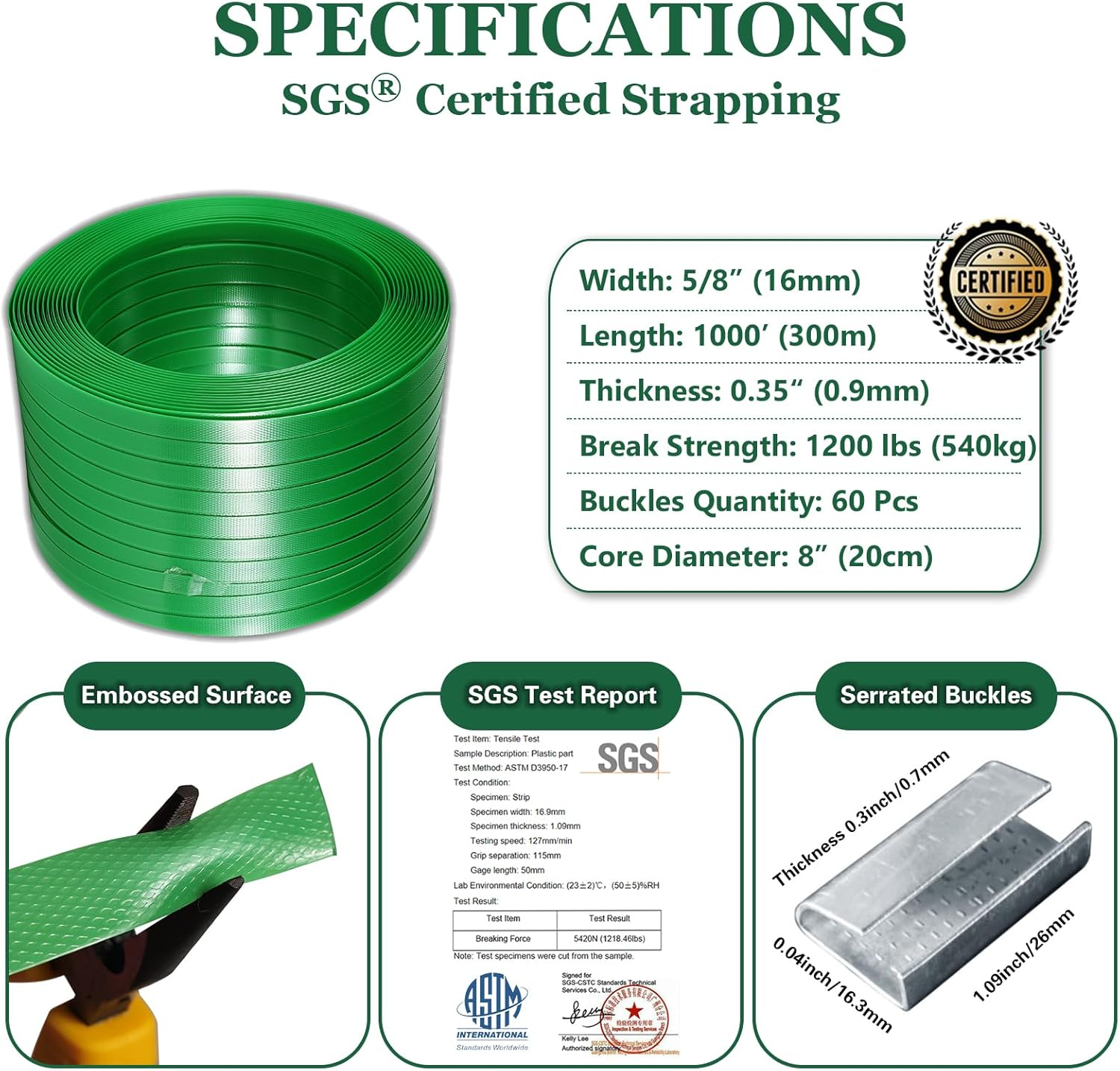 Packaging Strapping Kit, Banding Strapping Kit, Pallet Strapping Tool with 16MM Wide X 300M Length X 0.9MM Thickness Polyester Strapping Coil Roll, 60 Metal Buckles and Dispense Box image number 1