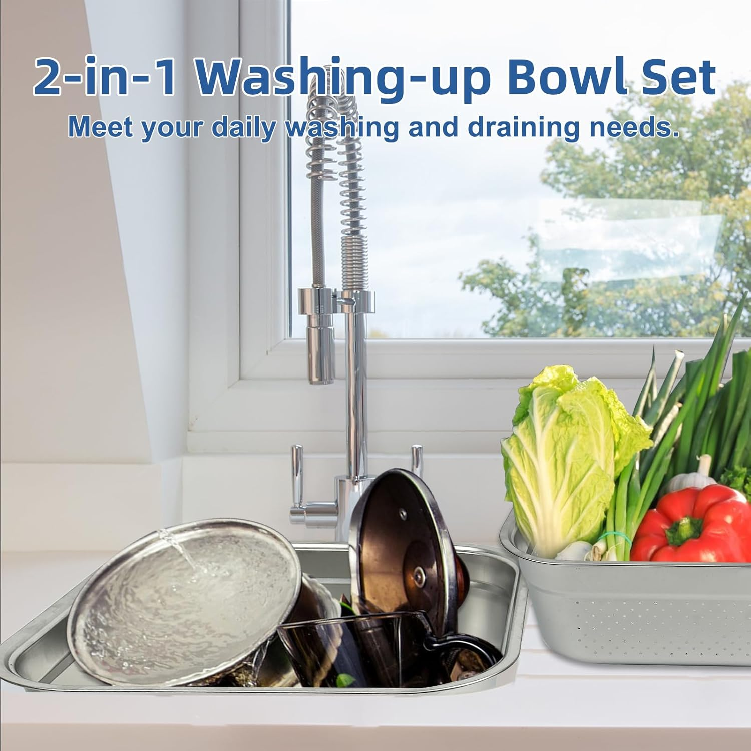 2-In-1 Stainless Steel Washing up Bowl Set, 12.8" Sturdy Square Dish Tub with Colander, Fruit Vegetable Washing Basin for Sink, Food Grade Dishpan for Draining Rice, Pasta, Food Strainer Mixing Bowl image number 6