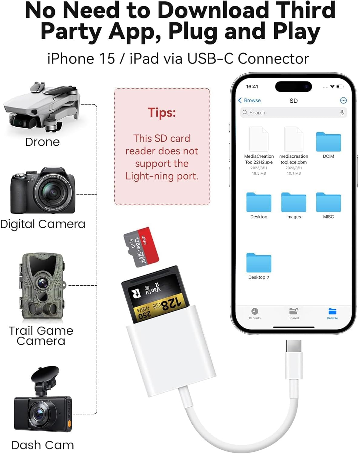 SD Card Reader for Iphone 15/16, Digital Camera Adapter Supports Micro SD Type C Memory Card Adapter, Trail Camera Viewer Plug and Play for Iphone 16/15/Ipad/Macbook/Imac/Galaxy/Android - 2 Slots image number 2