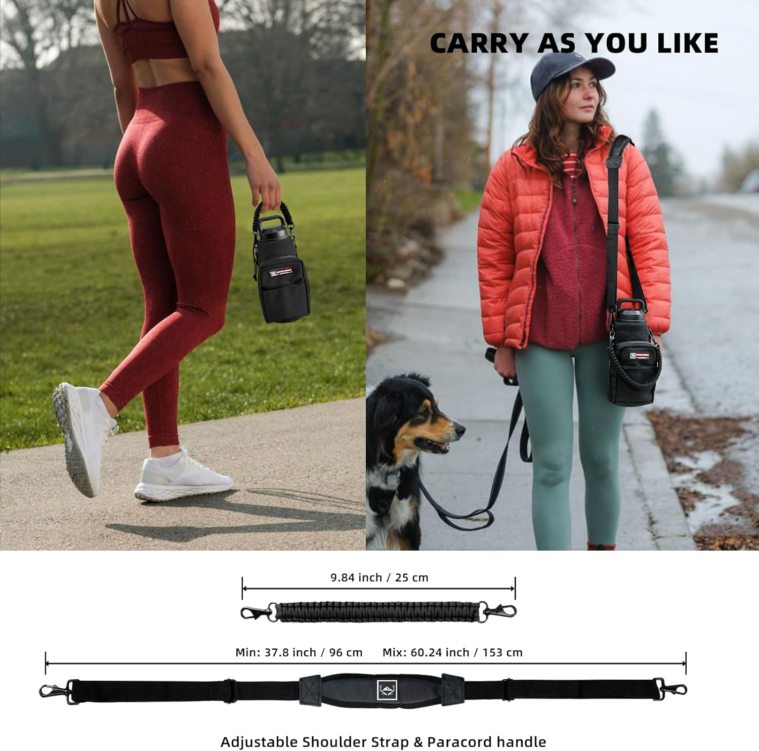 NATURE PIONEOR Water Bottle Carrier with Adjustable Strap - Insulated Sleeve Pouch Water Bottle Holder Bag with Paracord Handle & 2 Storage Pockets for Yeti 26/36/46 Oz, Hiking, Camping, Gym, Travel image number 5