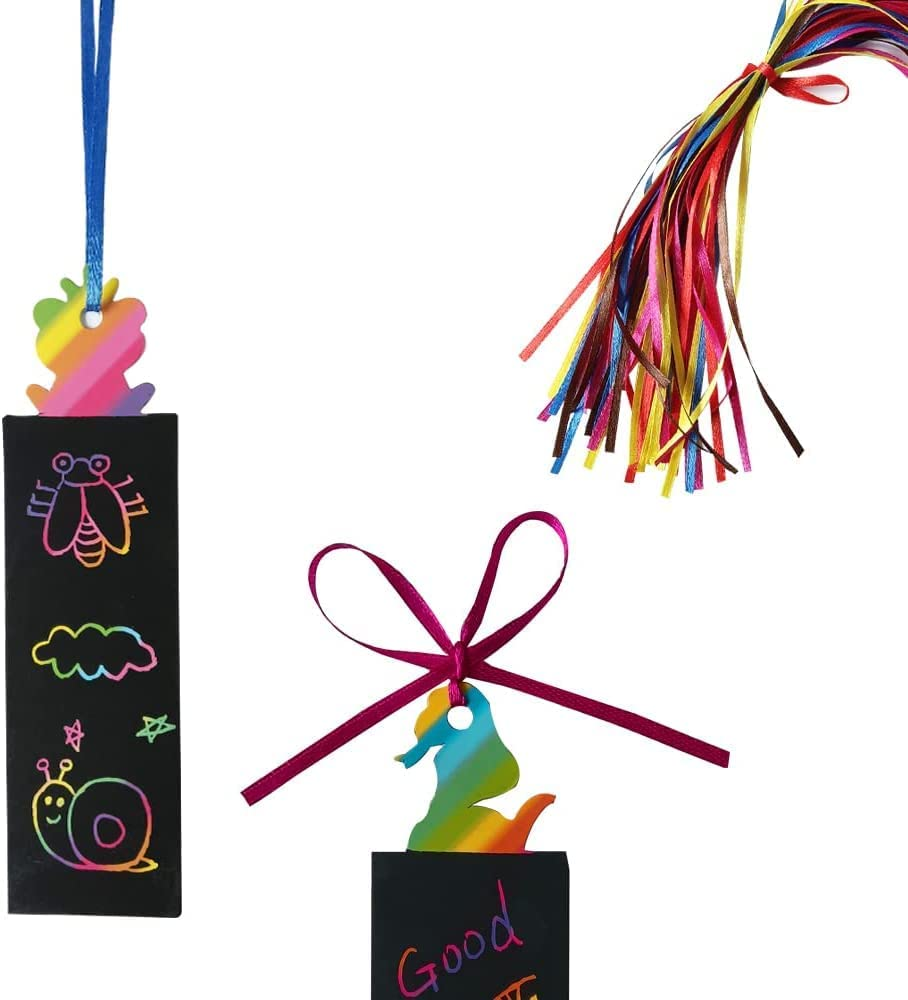 Animal Bookmarks Set for Children,48 Pieces Rainbow Bookmarks Scratch Art Bookmarks Kids Bookmark with 24 Wooden Stylus and 48 Colorful Ribbons for Kids Children Girls Party Tags
