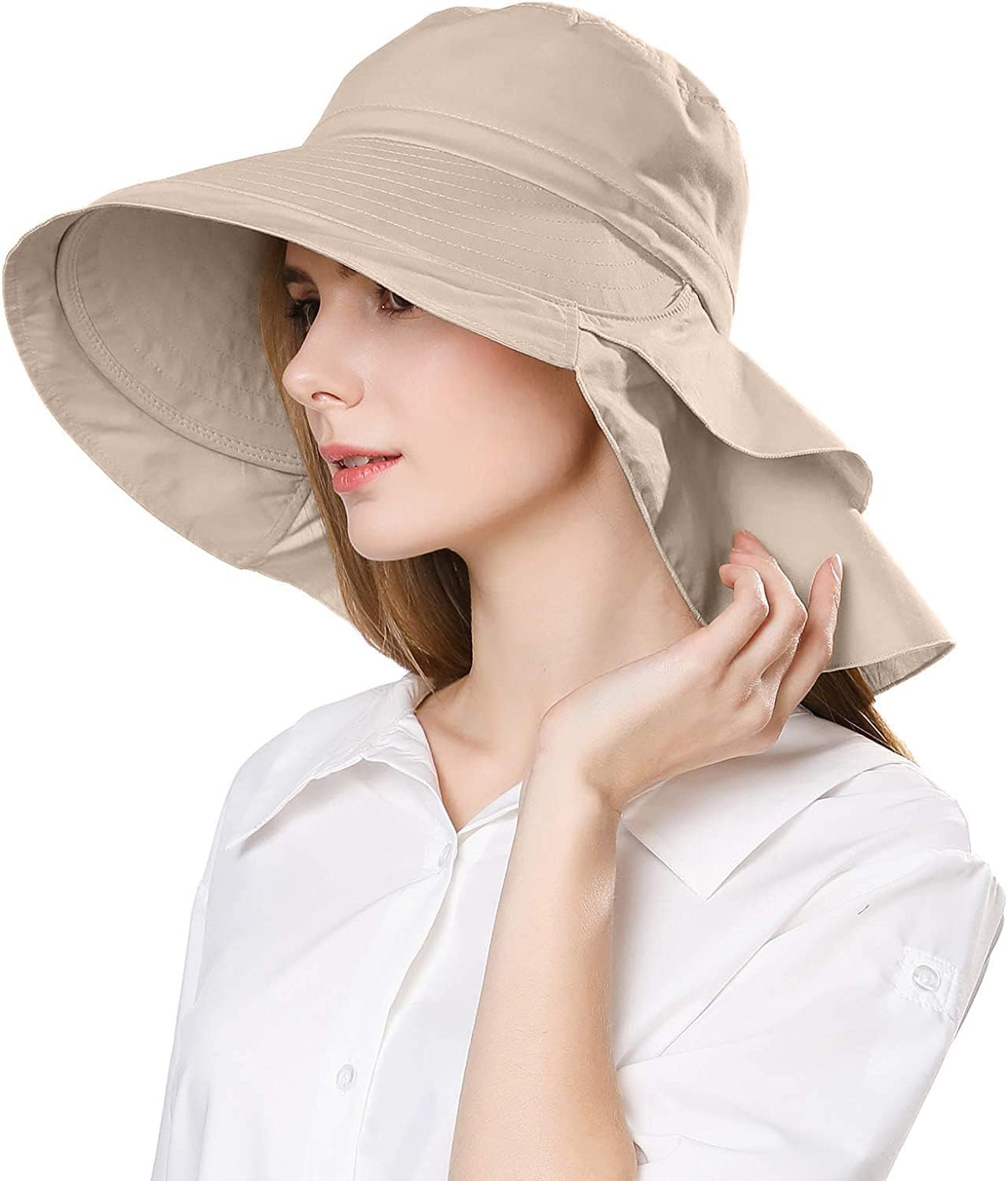 29 IYEBRAO Pack of 2 Women'S Sun Hats with Neck Protection UV Protection Wide Brim Ponytail Summer Hat UPF 50 Adjustable Beach Fishing Hat Garden Outdoor Hat - Pack Of 2 Black And Light Grey image number 5