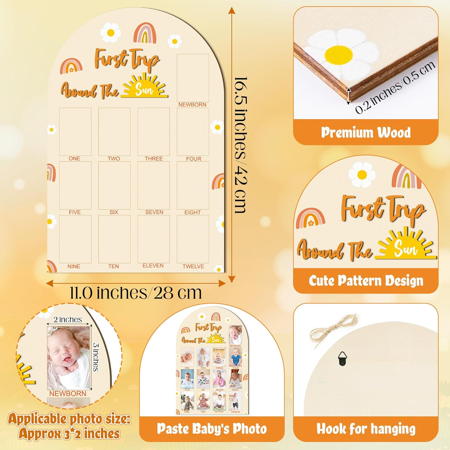 R HORSE My First Year Photo Frame Board, 3D Boho Sun Rainbow Display Wood Board, Baby&rsquo;S 1St Year Picture Frame, 12 Months Milestone One Year Old Birthday Decoration, Baby Keepsake Gift for Boy Girl image number 4