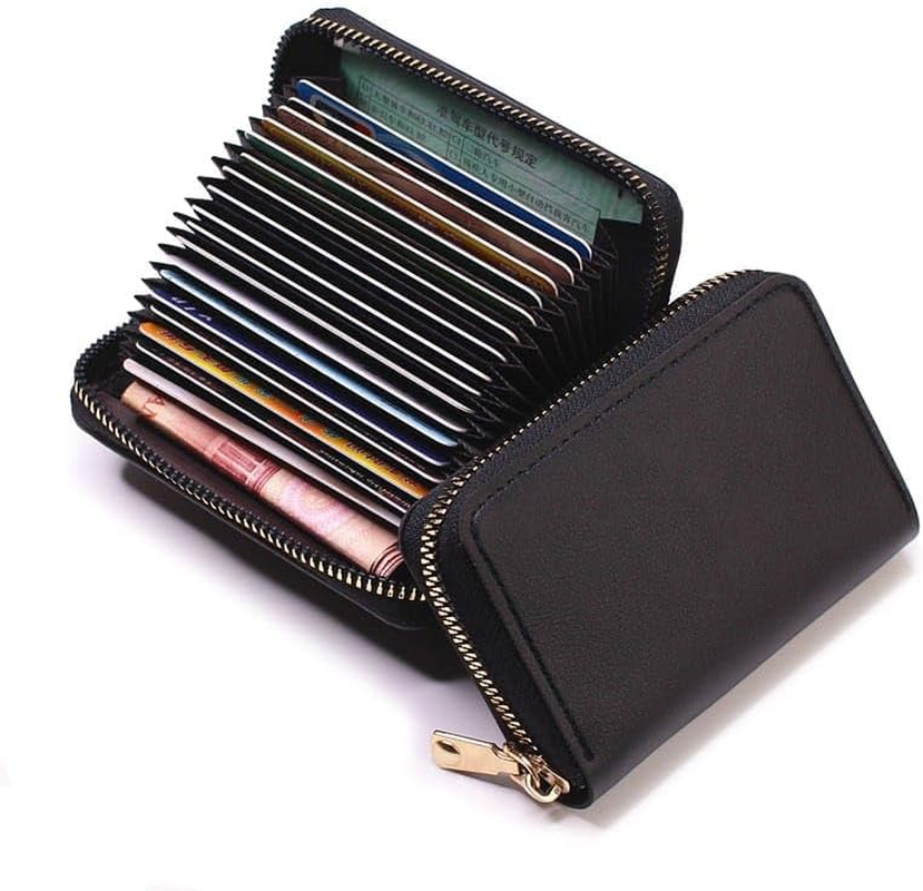 20 Cards Portable Leather Card Holder, Credit Card Bank Card ID Card Holder with a Lots of Space,Easy to Carry Leather Small Business Card Case for Woman and Men with a Full around Zipper - Black image number 3