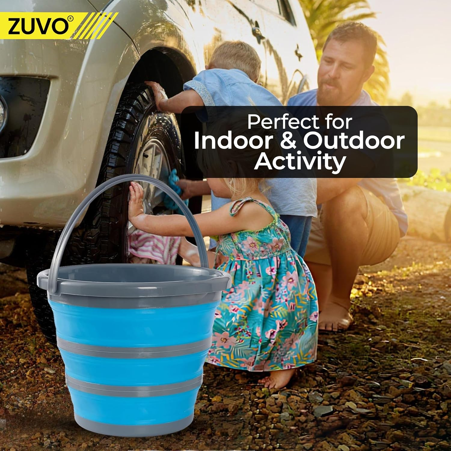 Zuvo Collapsible Bucket 10L, Silicone Folding Bucket, round Blue/Grey Mop Bucket for Cleaning Tools, Ideal for Travelling & Fishing, Space-Saving Design