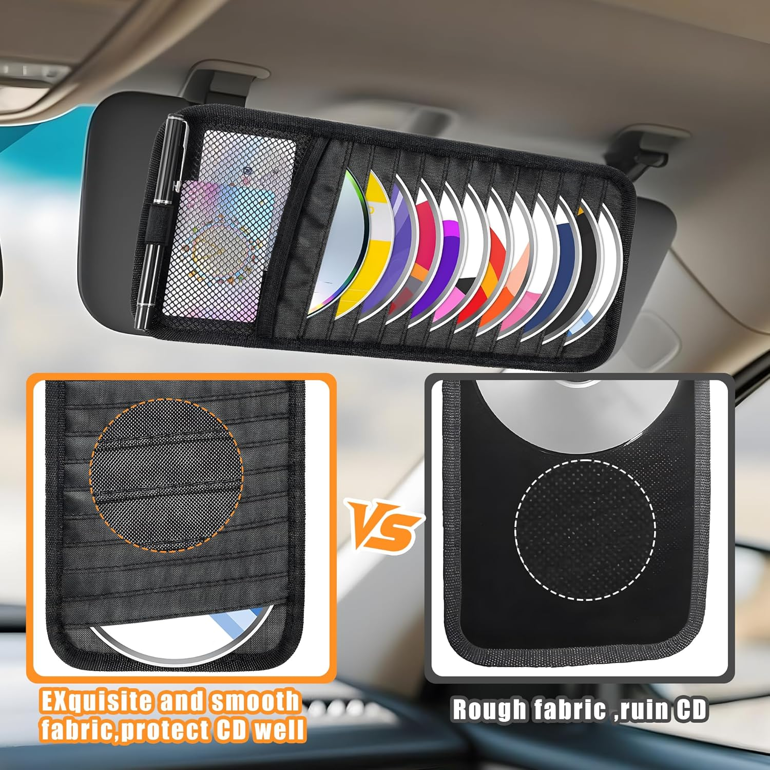 Large Capacity CD Case Holder for Car & Truck - Premium Durable CD Storage Organizer with 10 DVD Sleeves, Mesh Pocket for Drivers, Commuters & Road Trips image number 1