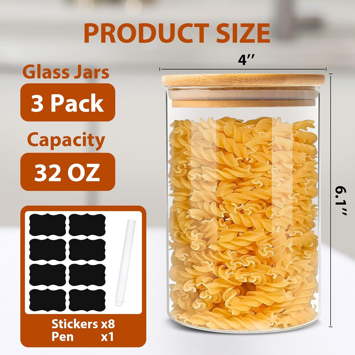 ENLOY Glass Food Storage Jars 32 OZ Set of 3, 3 Pack Airtight Food Storage Jar with Bamboo Lid, Clear Food Canisters for Nuts, Coffee Beans, Sugar, Flour, Snacks, Spice and More (950Ml) image number 1