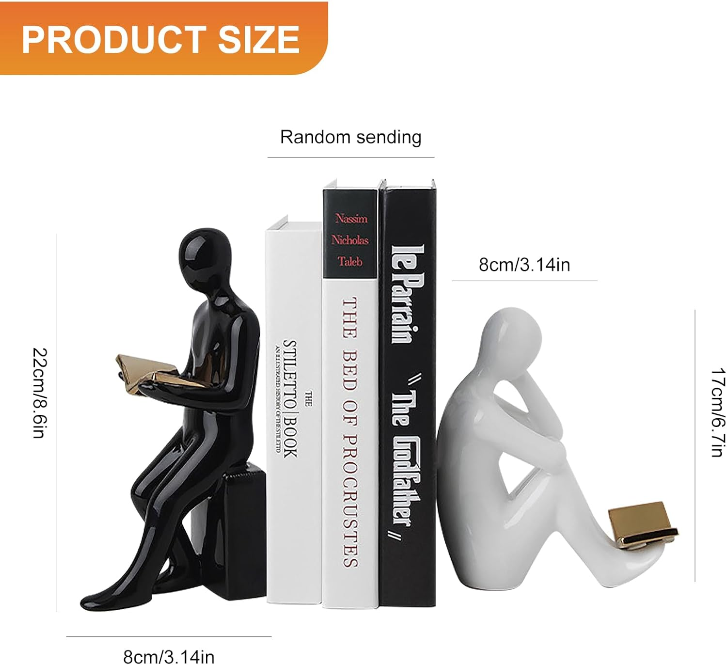 TOPSKY Modern Ceramic Bookends with 3 Decorative Books, Reading Statues, Book Sculpture, Book Statue, Book Figurine, Statue Art Sophisticated Decor for Shelves and Home (Black&White) - Silvery image number 6
