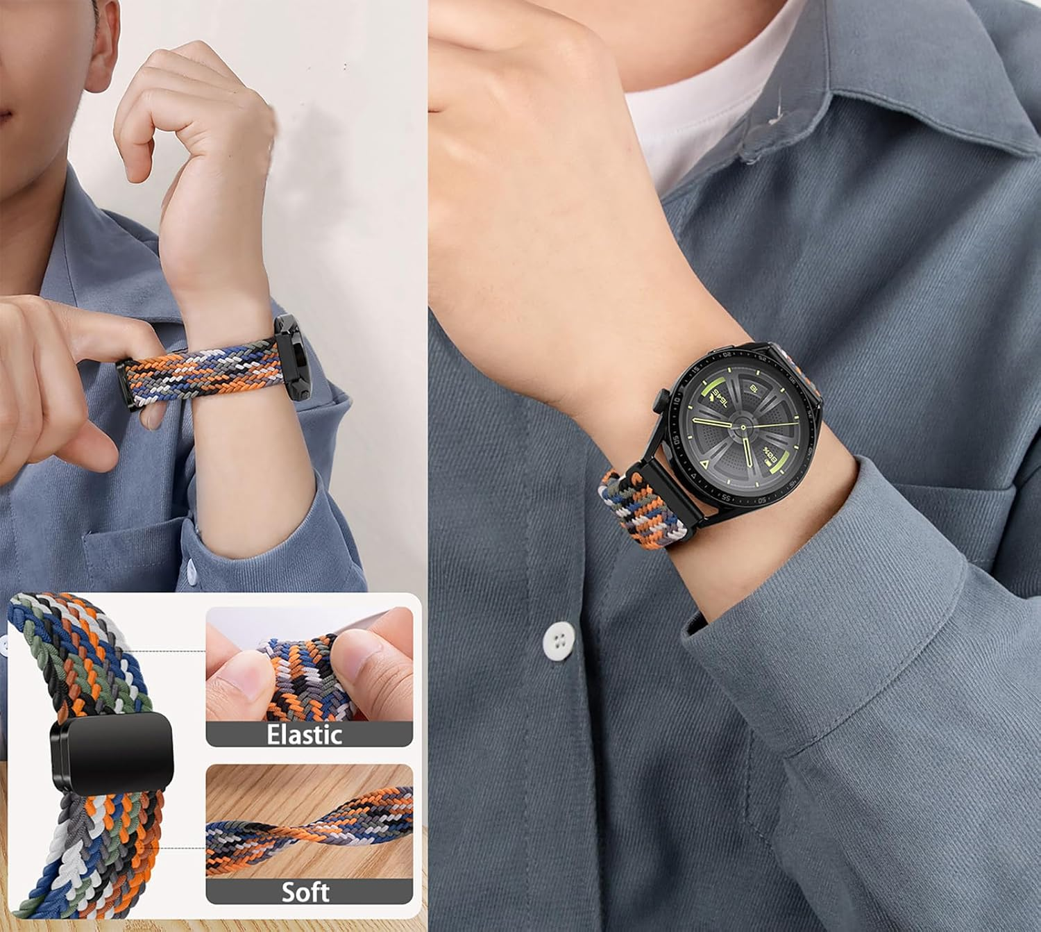 GIOPUEY Magnetic Bracelet Compatible with Huawei Watch GT 6 Pro 46 Mm, Braided Nylon Strap [Unisex] Elastic Replacement Strap - Beige image number 6