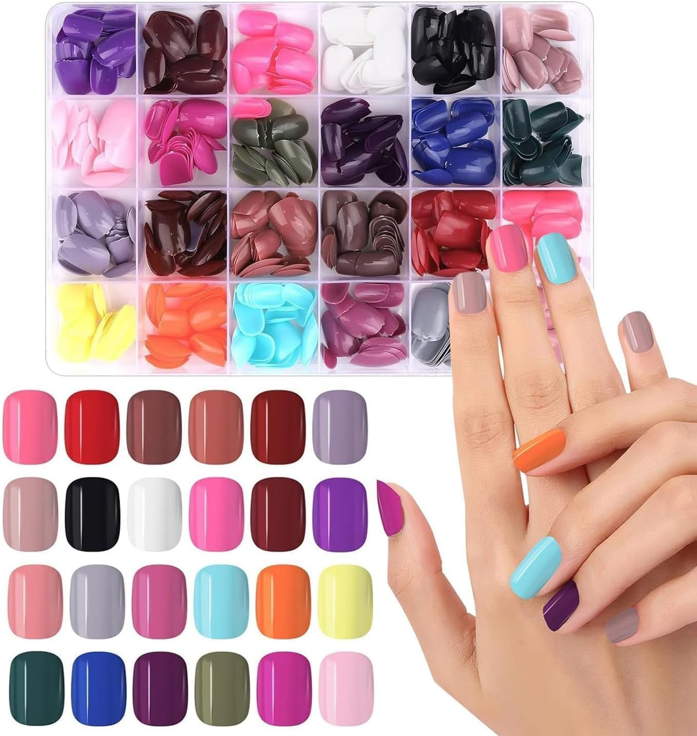 576 Pieces Colorful Short False Nails round Kalolary Fake Nail Full Cover Artificial Acrylic Tips Press on Nails for Women Girls DIY Nail Art Design (24 Colors)