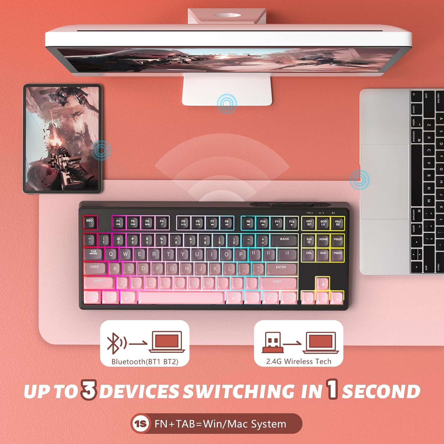 ZIYOU LANG X Attack Shark M87 75% Wireless Gaming Keyboard Mechanical Feel Silent Rainbow Backlit Bluetooth/2.4Ghz PBT Gradient Keycaps Rechargeable 4000Mah Battery Ergonomic for Mac/Win/Pc-Pink - Purple image number 3