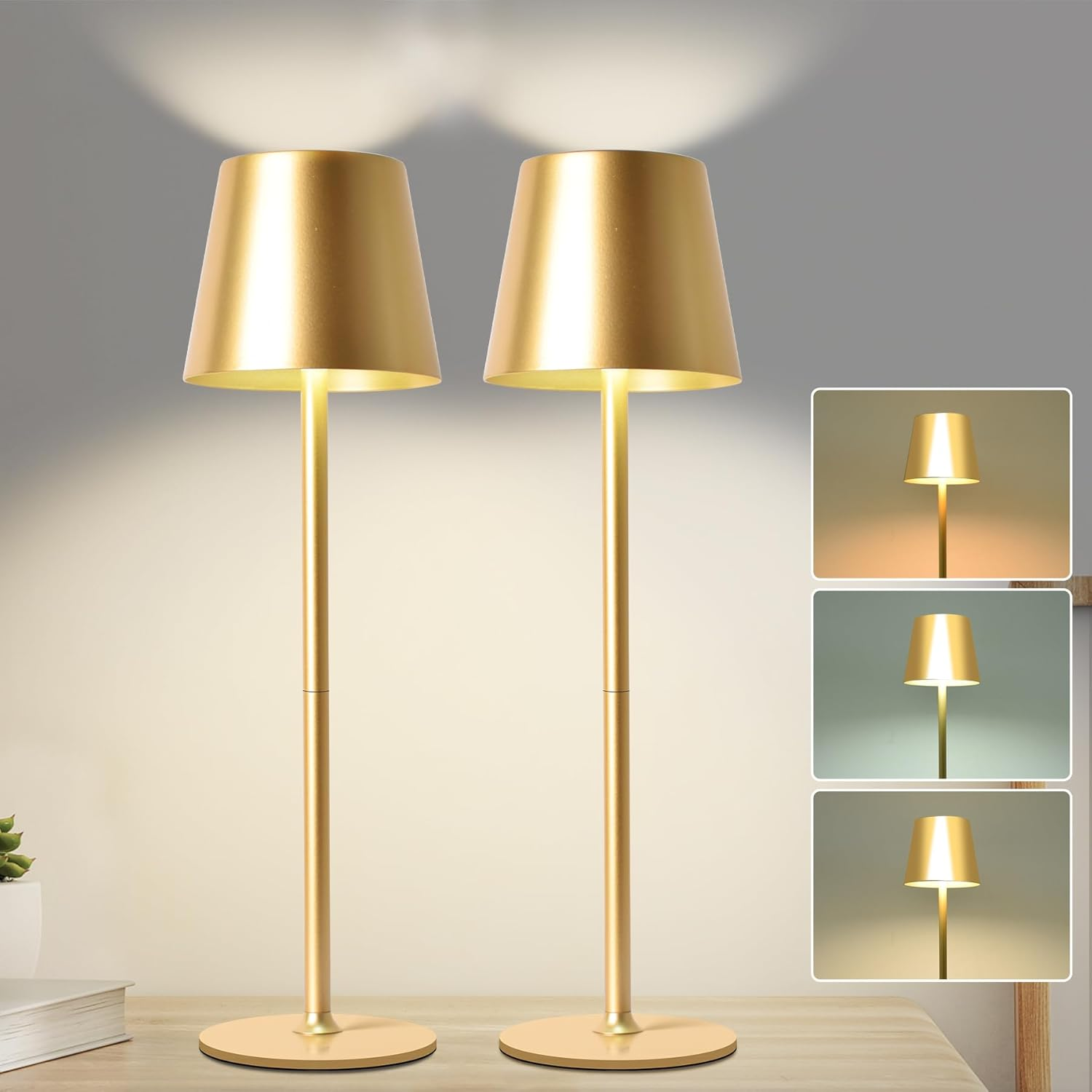 LED Table Lamp, Dimmable LED Battery Table Lamp Wireless, with 6000 Mah Battery, Rechargeable Table Lamp with USB, 3 Light Modes for Bedroom, Living Room, Dining Room, Bar, Gold, Large