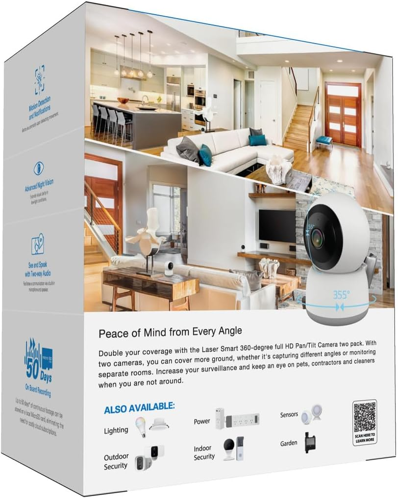 Laser Smart Home FHD Pan and Tilt Indoor Security Camera - 1080P HD Monitor, 360 Coverage, Motion Alerts, Night Vision, Two-Way Audio, Mobile App Control, Microsd Storage, Compatible with Alexa, 2Pack image number 6