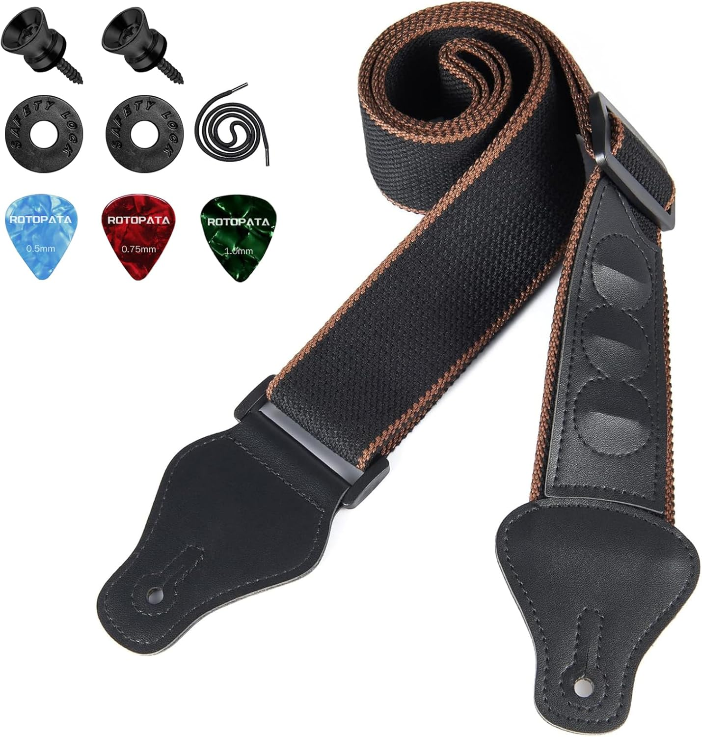 ROTOPATA Guitar Strap with Pick Holders, 2 Buttons 2 Locks 3 Guitar Picks, Cotton Strap with Leather Ends, Length Adjustable image number 1