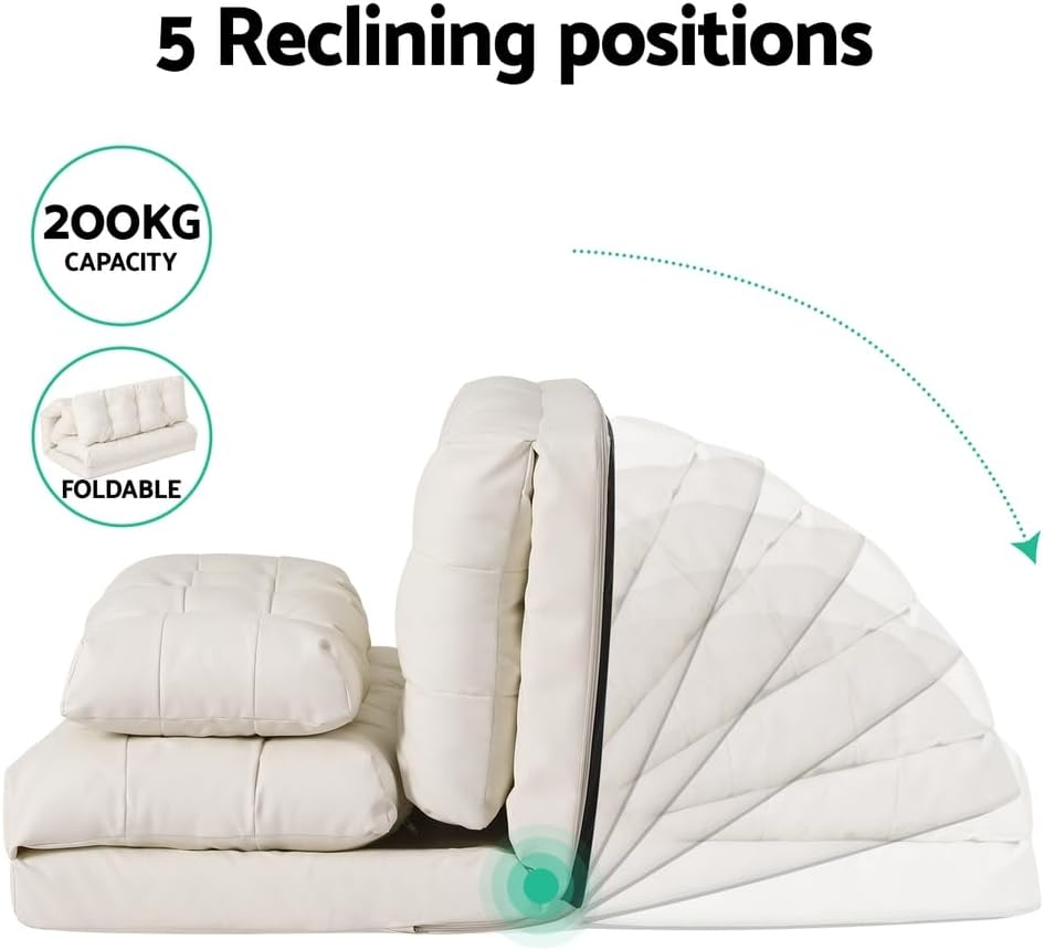Artiss Floor Lounge Sofa Bed Chair Recliner Chaise Pillow Leather Foldable White image number 3