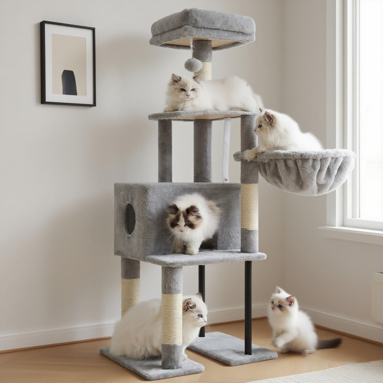 Heybly Cat Tree, 125Cm Cat Tower for Indoor Cats, Spacious Cat House Condo with Hidden Space，Sturdy Steel Tube，Soft Plush Top Perch，Cozy Hammock and Sisal Scratching Posts, Muchroom HCT200SMU
