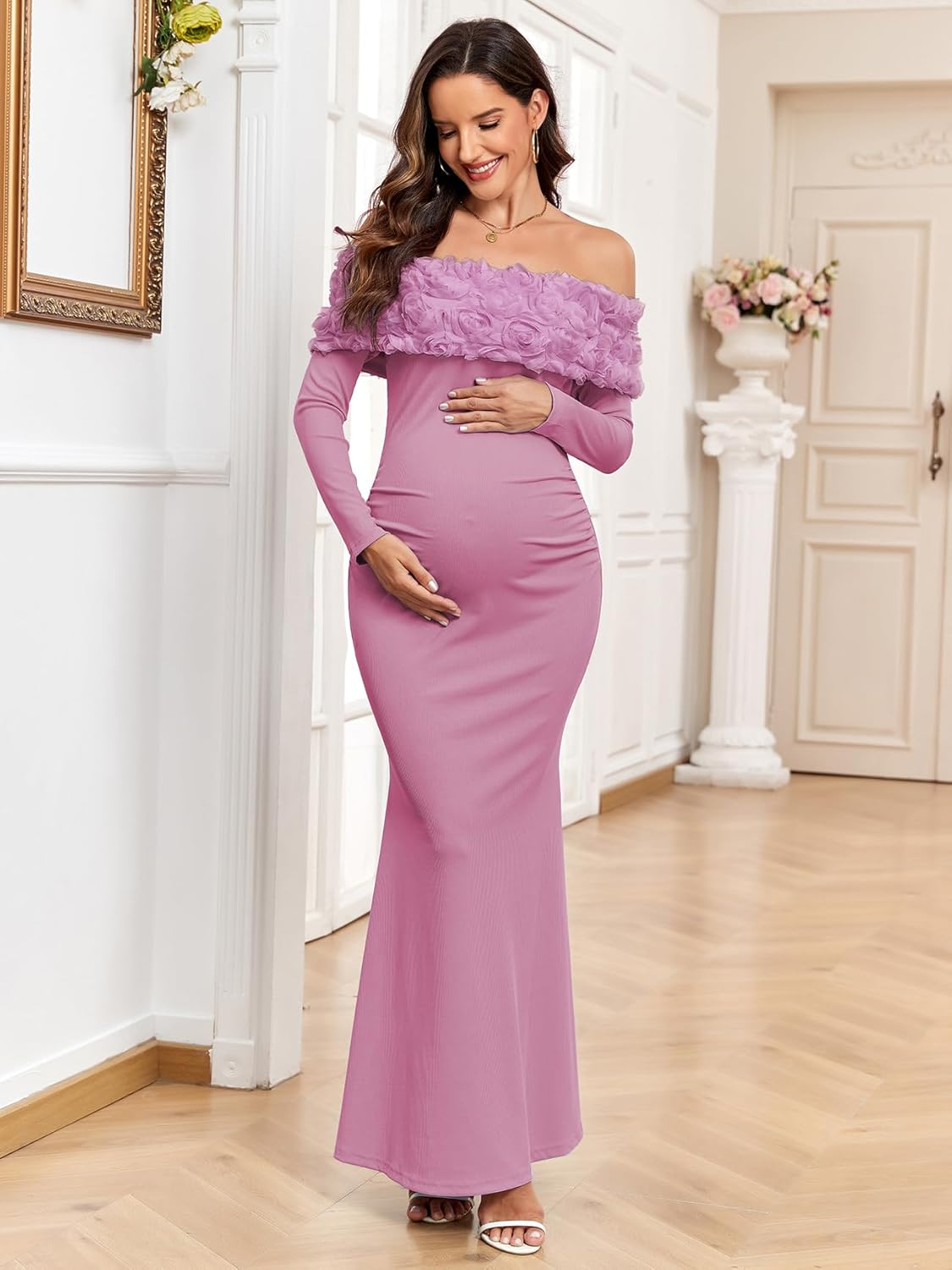 3D Floral off the Shoulder Maternity Dress Long Sleeve Ribbed Mermaid Maxi Bodycon Pregnancy Dresses Baby Shower image number 2