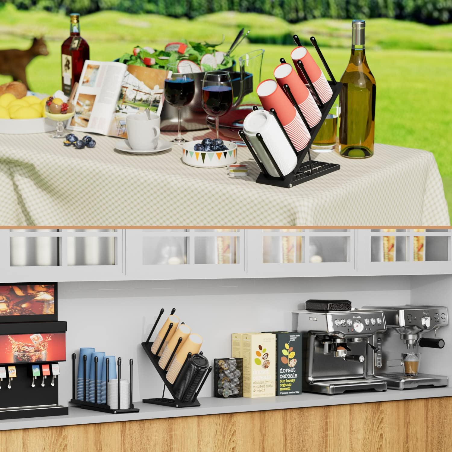 Ovicar Cup and Lid Holder - Adjustable Coffee Cup Holder Organizer 4 Compartment Disposable Cup Dispenser with Mesh Basket for Coffee Pod Straw Storage Metal (Black) - Black image number 3