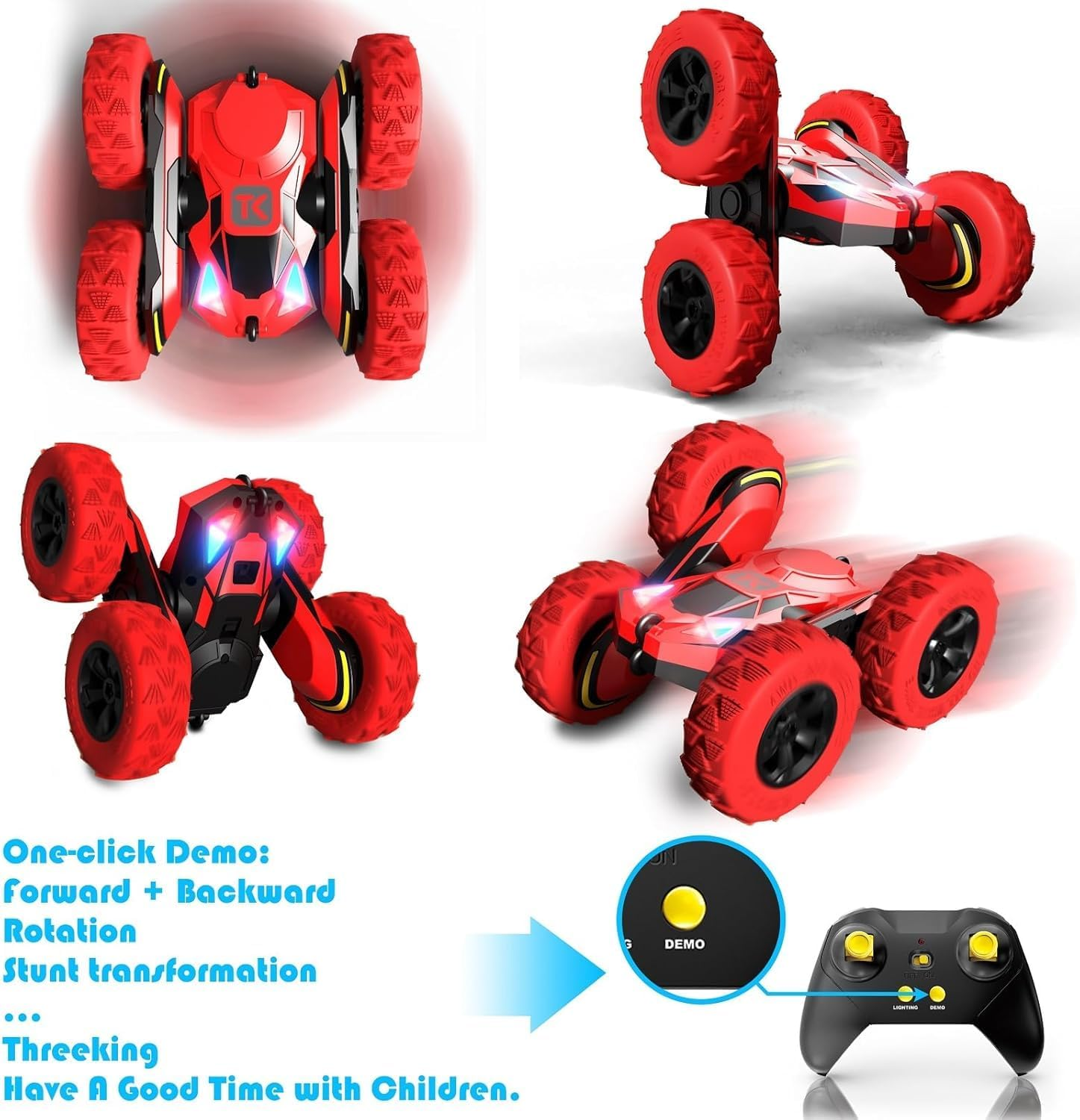 Threeking RC Stunt Cars Remote Control Car with Lights Double-Sided Driving 360-Degree Flips Rotating Car Toy Gifts Presents for Kids Ages 6+, Red