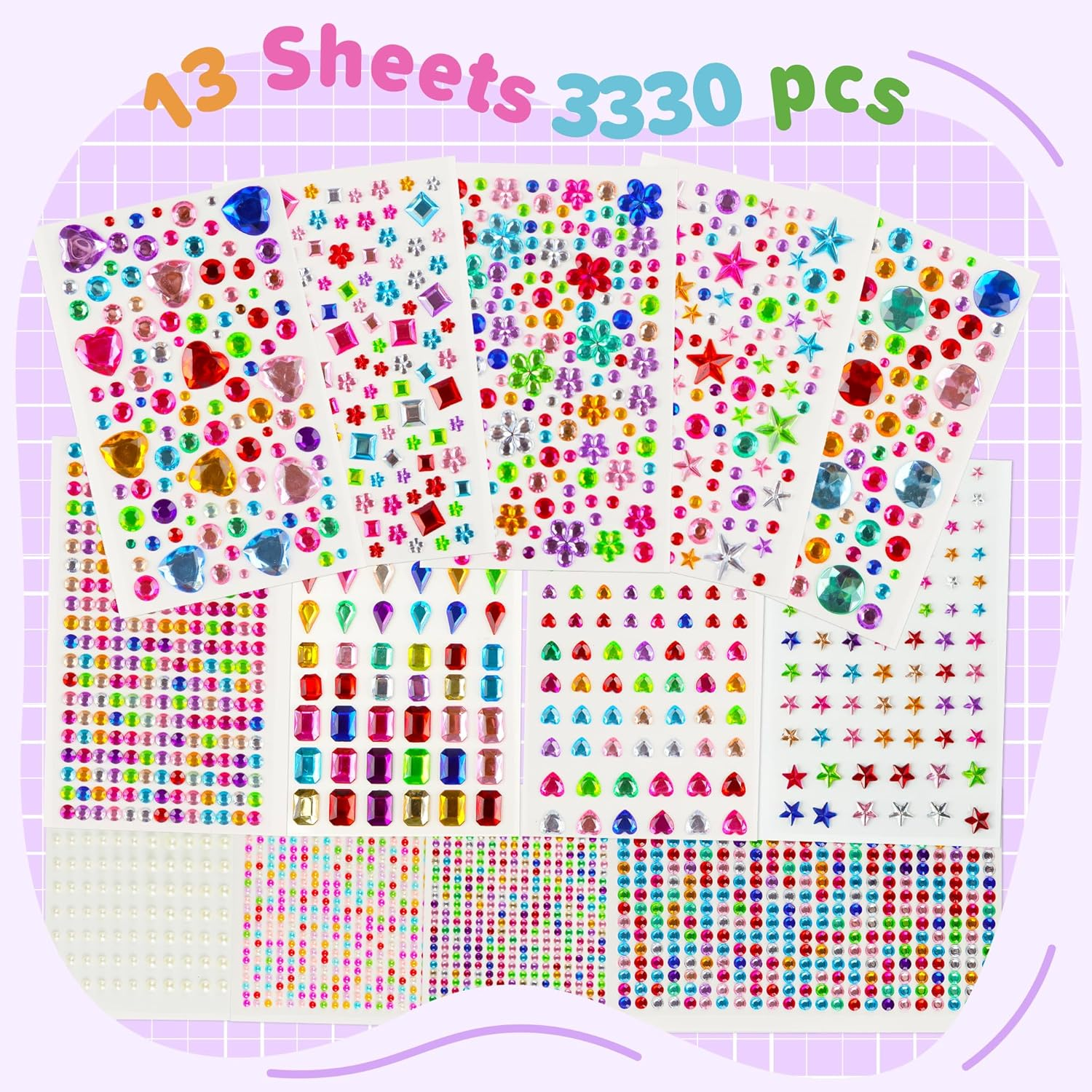 3330Pcs Gem Stickers,Rhinestone Jewel Stickers for Crafts Self Adhesive, Glitter Sticker DIY Decoration Assorted Shapes Acrylic Diamond Bling Heart Star Sticker for Face Eyes Nail for Women image number 4