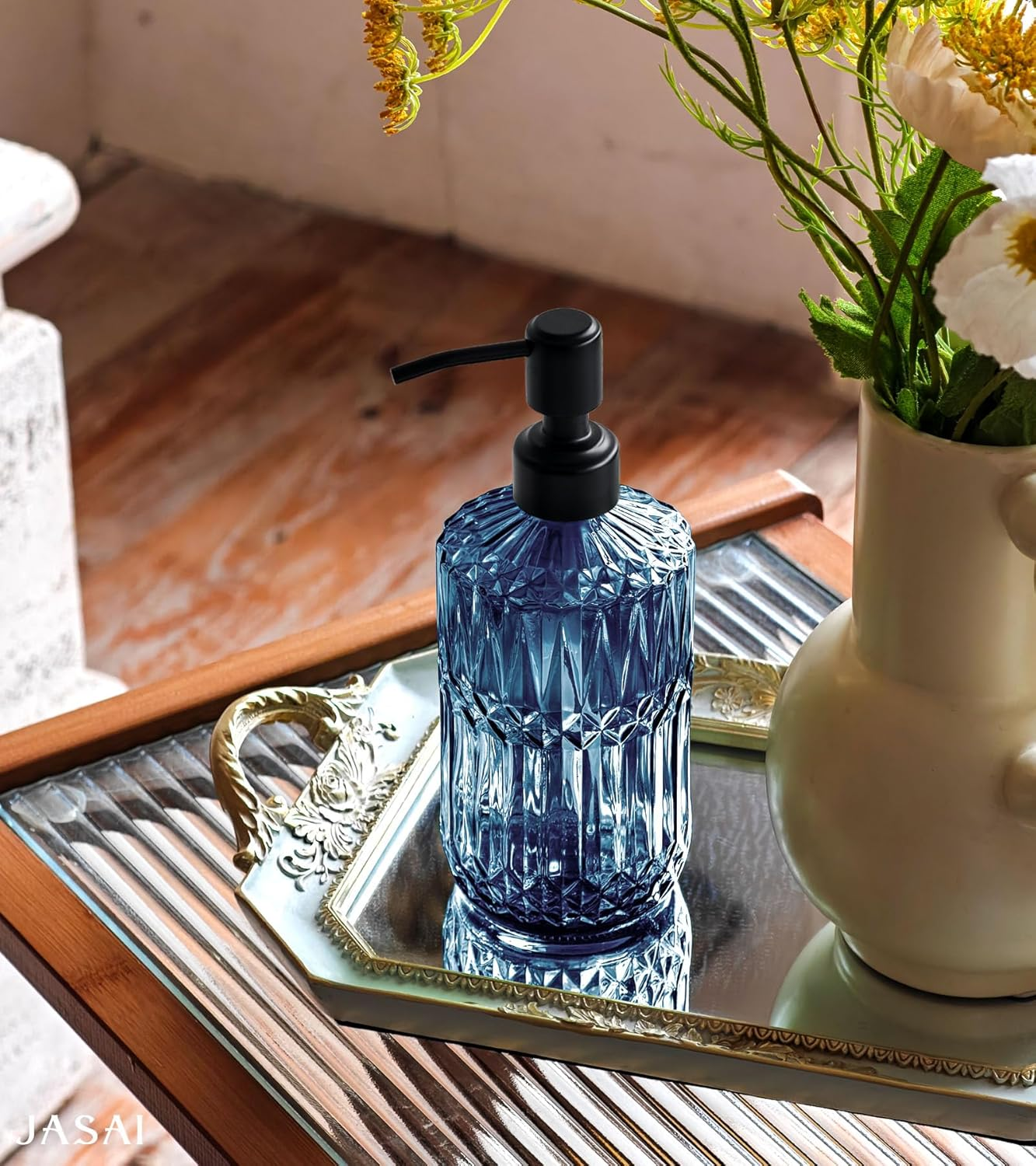 JASAI 18Oz Blue Soap Dispenser with Black Rust Proof Pump, Refillable Bathroom Soap Dispenser with Thick Glass, Kitchen Soap Dispenser for Hand Soap & Dish Soap.(Blue) - Blue-Golden Pump image number 3