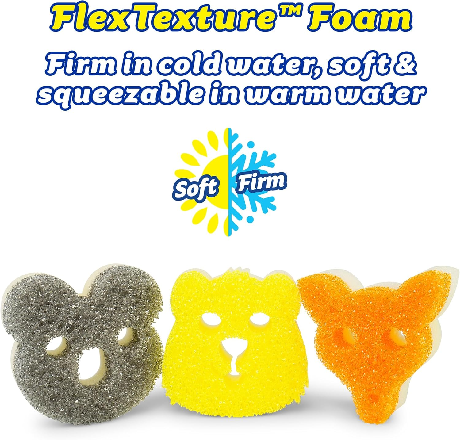 Scrub Mommy Aussie Shapes 3 Pack - Limited Edition Grey Koala, Yellow Quokka, Orange Kangaroo - One Side for Scrubbing, the Other for Mopping Up
