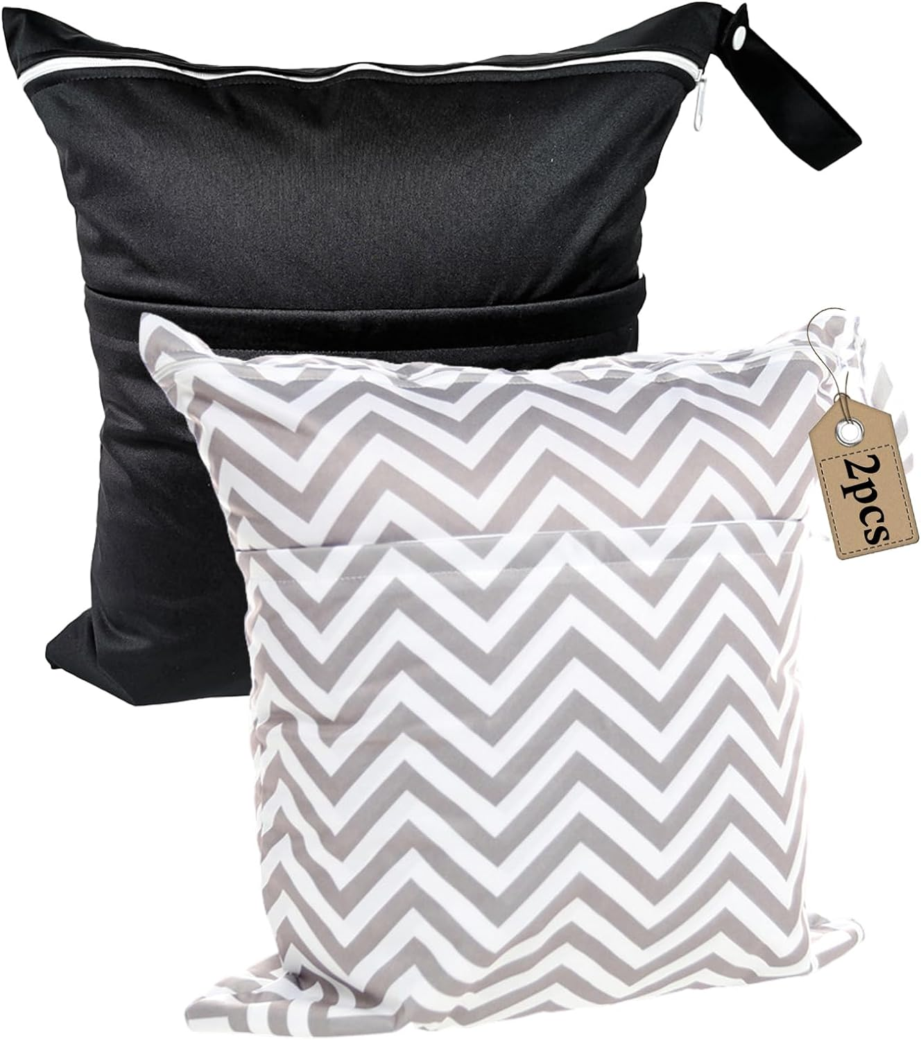 2 Pack Travel Laundry Bag with 2 Zippered Pockets & Handle 39 * 45Cm Water-Resistant Wet Dry Bags for Dirty Clothes, Gym, Swimming, Yoga, Bathing Suits (Black + Grey)