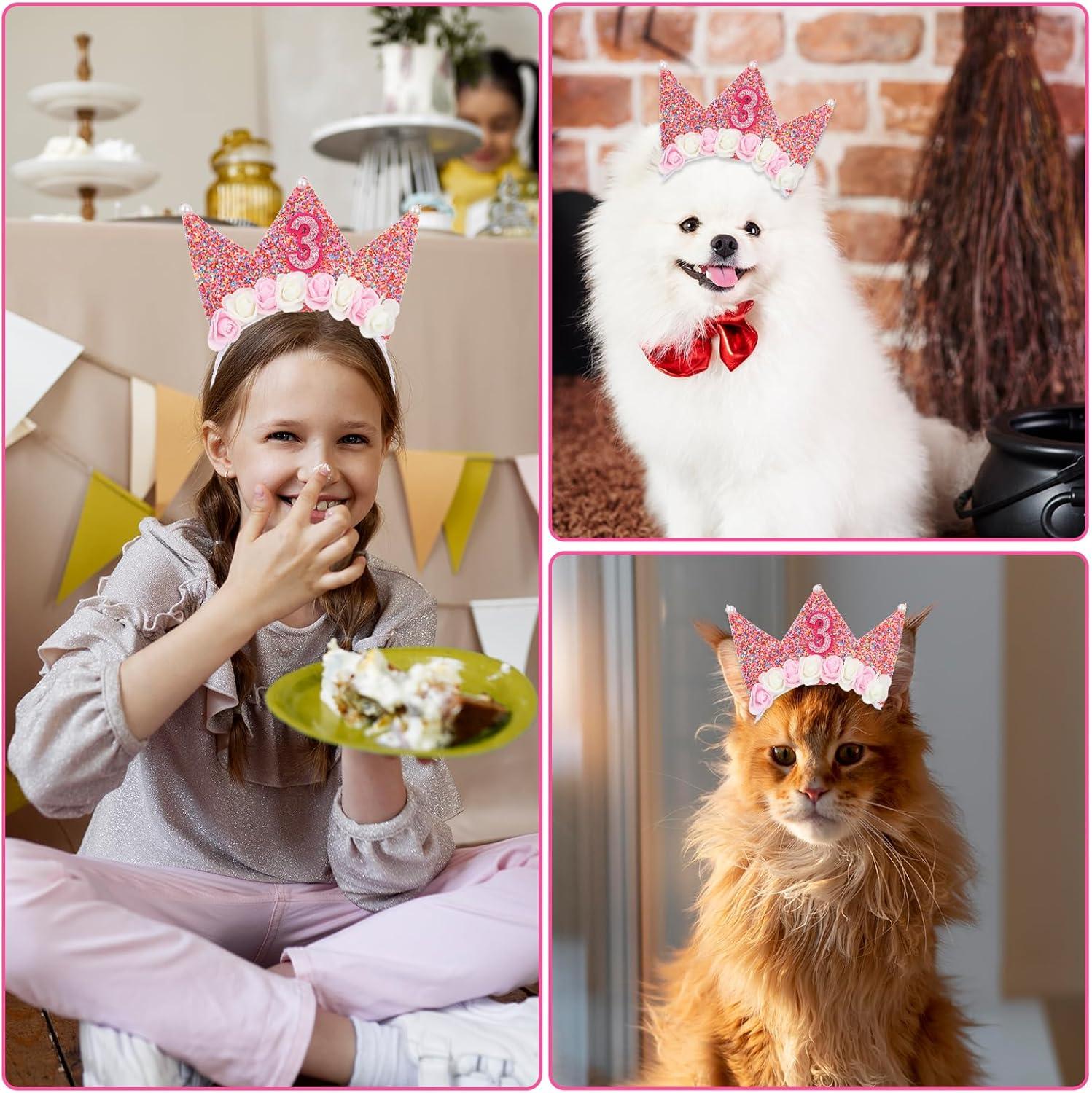 3Rd Birthday Crown Headband Glitter Flower Birthday Decoration Princess Birthday Girl Tiara Elastic Bling Party Accessories 3 Year Old Hair Band Photo Prop image number 6