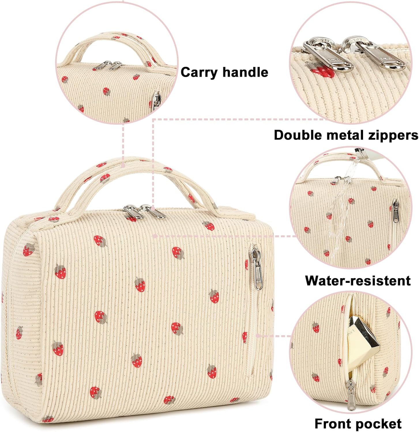 Bluboon Makeup Bag Zipper Pouch Travel Portable Cosmetic Bag Organizer for Women and Girls, Beige Strawberry Corduroy, Strawberry Corduroy Beige Cosmetic Bag - Cloud Beige image number 2