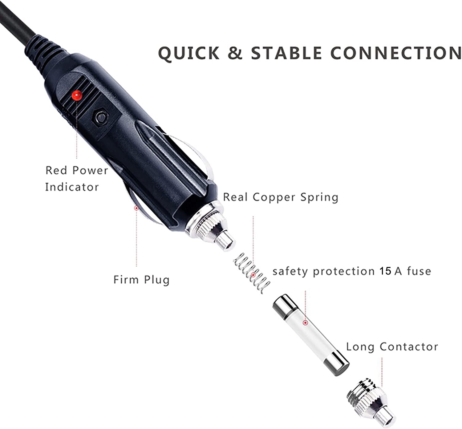 12V 15A Male Plug Cigarette Lighter Adapter 12V 2.1Mm X 5.5Mm DC Barrel Jack Cord Car Cigarette 15Amp Fuse 20AWG 4FT Length 2 Pack image number 2