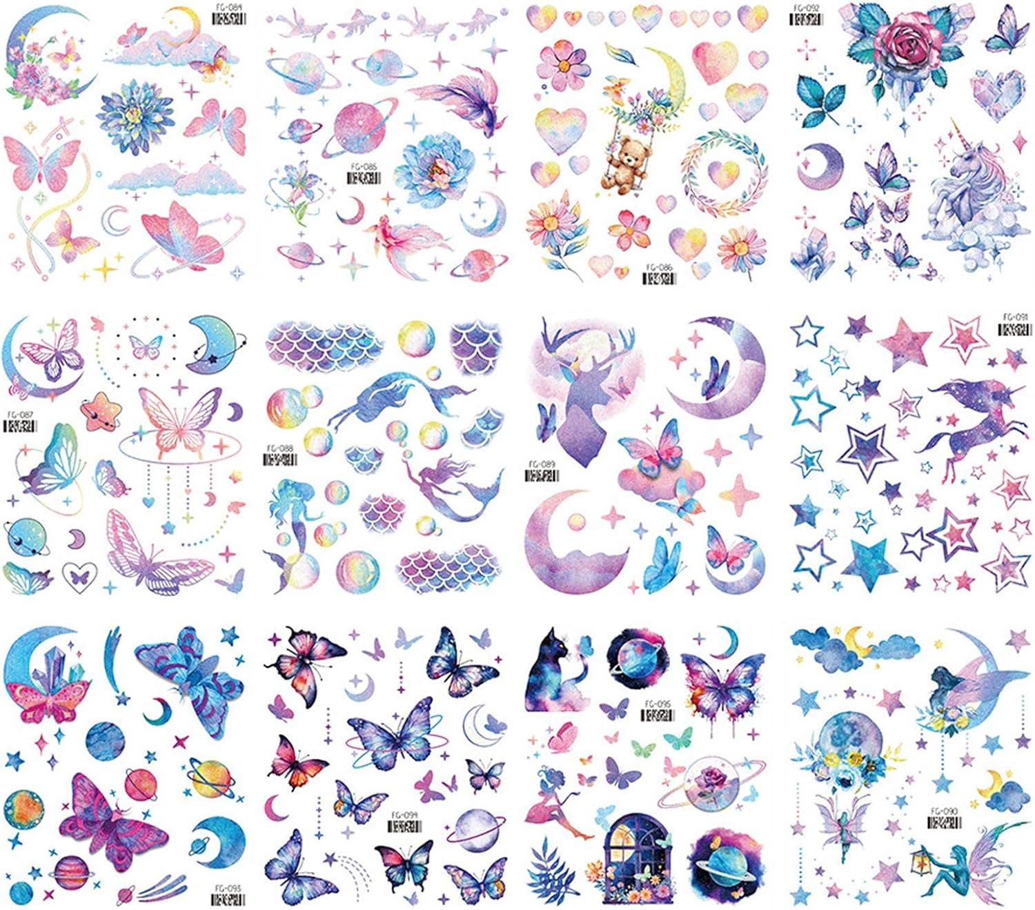 12 Sheets Glitter Temporary Tattoos for Kids | Cute Fake Tattoo Stickers with Butterfly, Mermaid & Fairy Designs - Waterproof Party Favors for Girls Boys Birthdays (Mermaid & Butterfly-Eg)