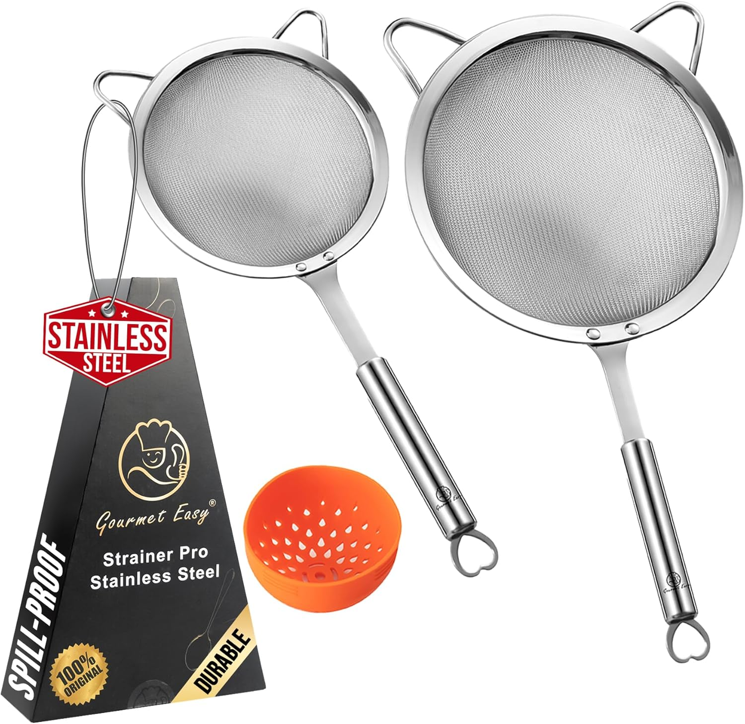 Stainless Steel Strainer Set, 1 Large Pasta & Rice Strainer for Kitchen + 1 Small Fine Mesh Strainer with Handle + 1 Silicone Can Strainer, Flour Sifter for Baking, Kitchen Strainer Fine Mesh (SS) image number 5