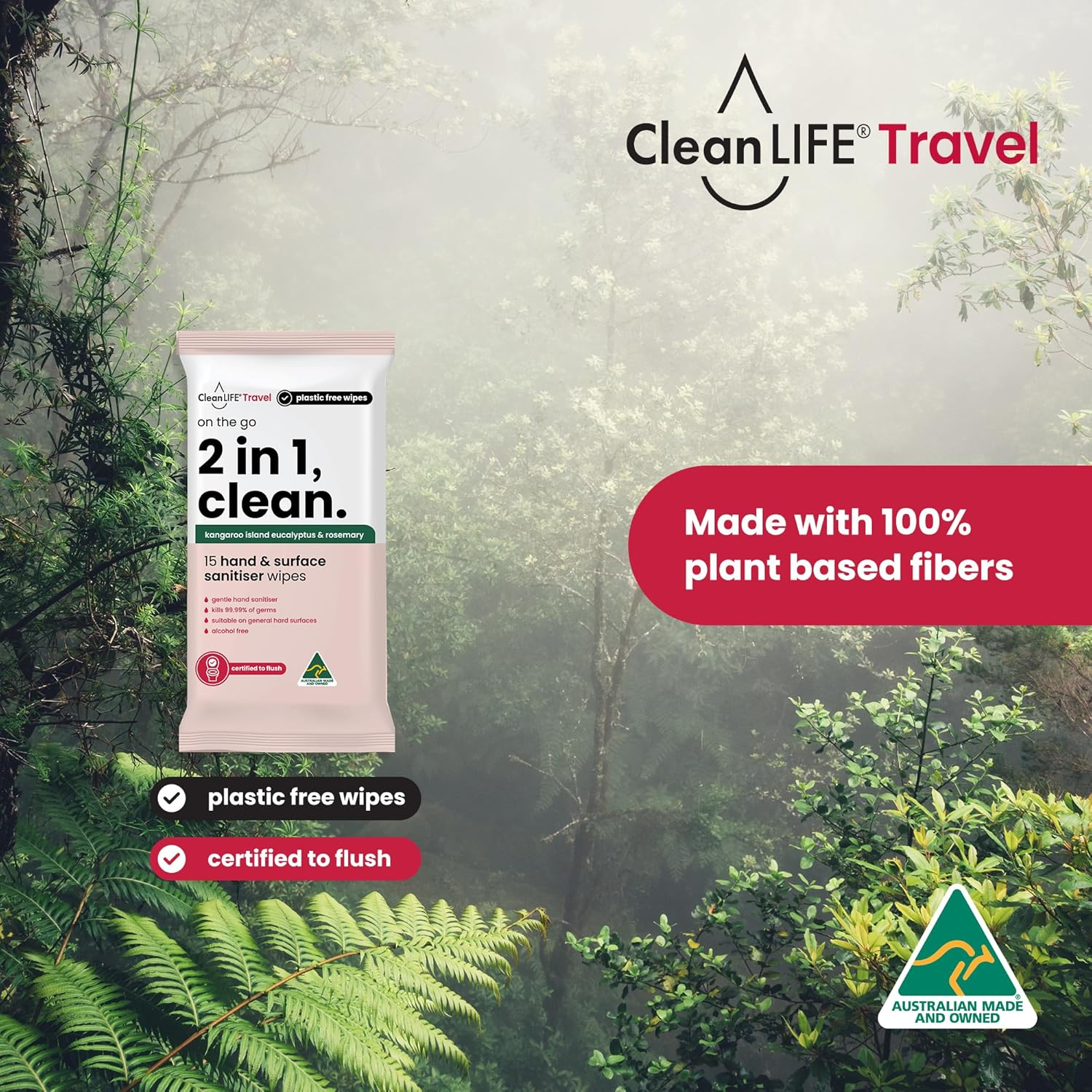 Cleanlife 2-In-1 Hand & Surface Sanitising Wipes &ndash; Disinfecting Antibacterial Cleaning, Alcohol-Free, Plant-Based, Flushable, Kills 99.99% of Germs, 15 Wipes Pack image number 5